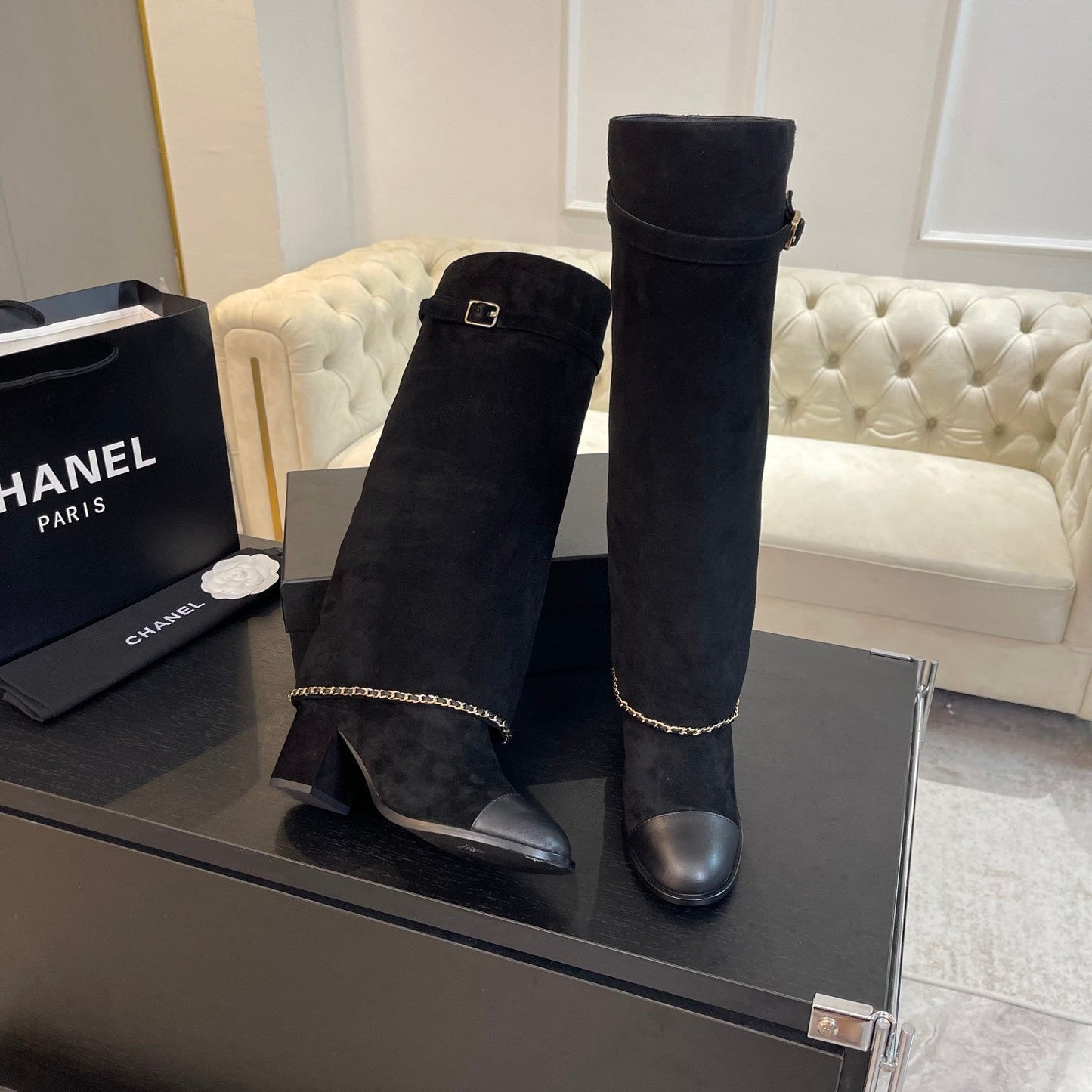 HIGH BOOTS 6.5 CM IN BLACK SUEDE AND CALFSKIN - 35