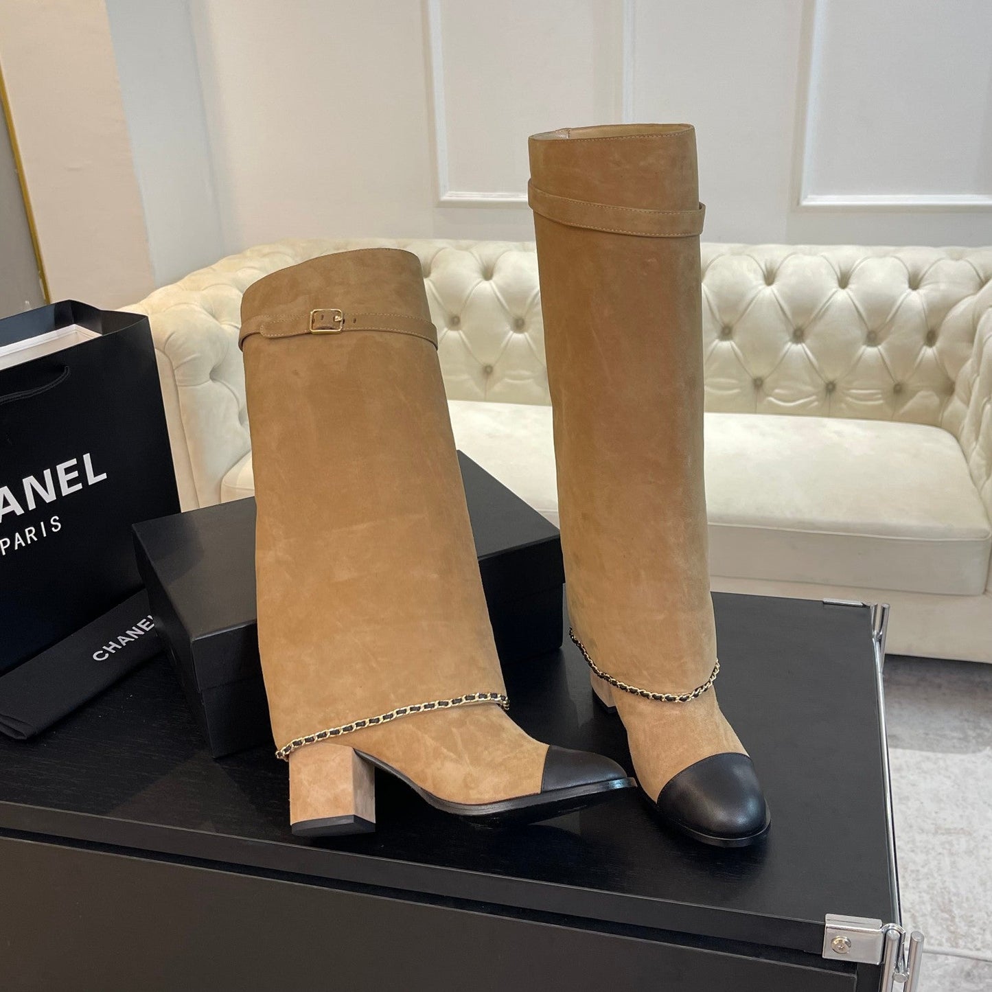 HIGH BOOTS 6.5 CM IN CIDER BROWN SUEDE AND BLACK CALFSKIN - 35