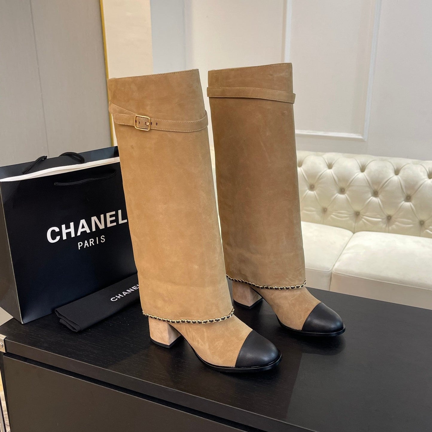 HIGH BOOTS 6.5 CM IN CIDER BROWN SUEDE AND BLACK CALFSKIN - 35