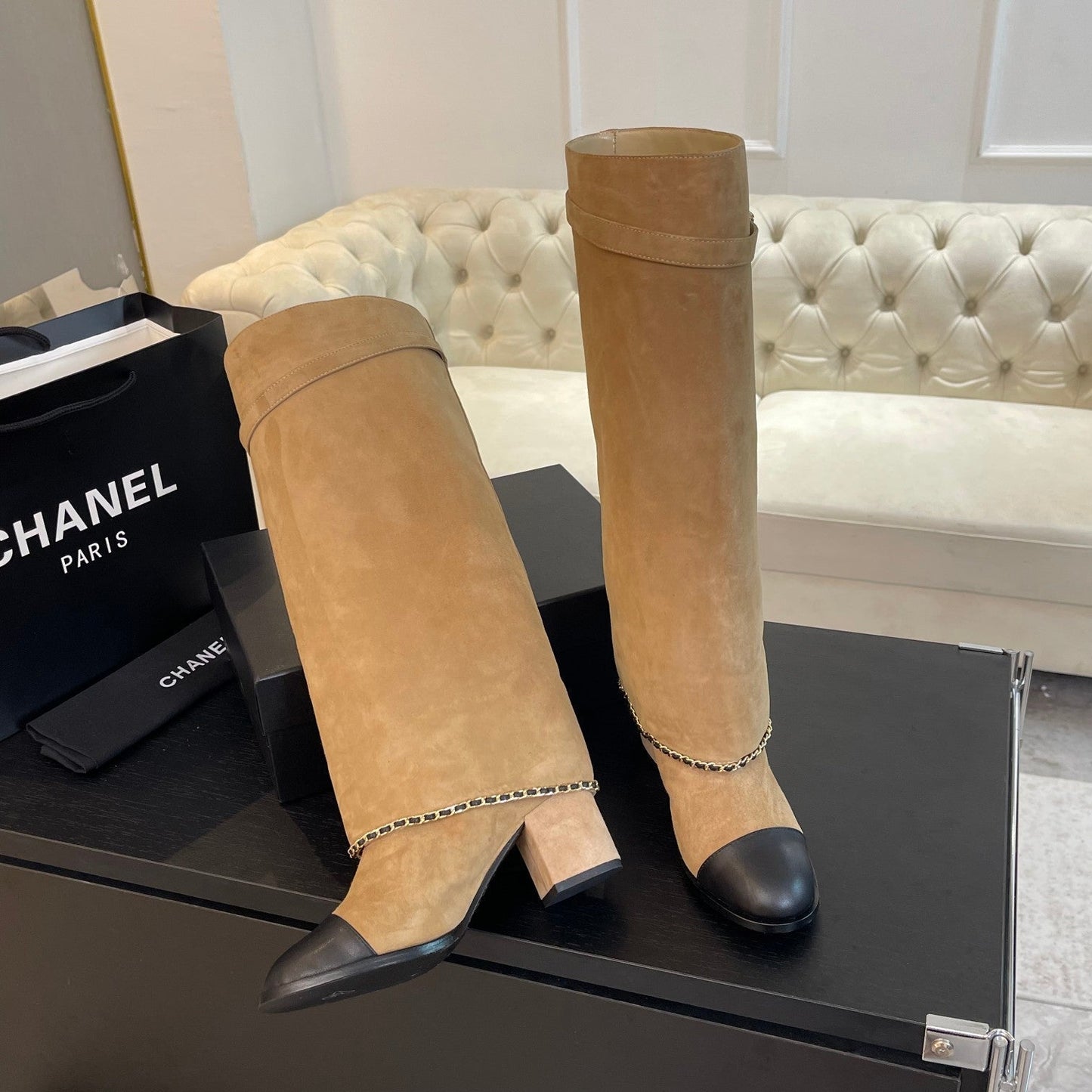 HIGH BOOTS 6.5 CM IN CIDER BROWN SUEDE AND BLACK CALFSKIN - 35