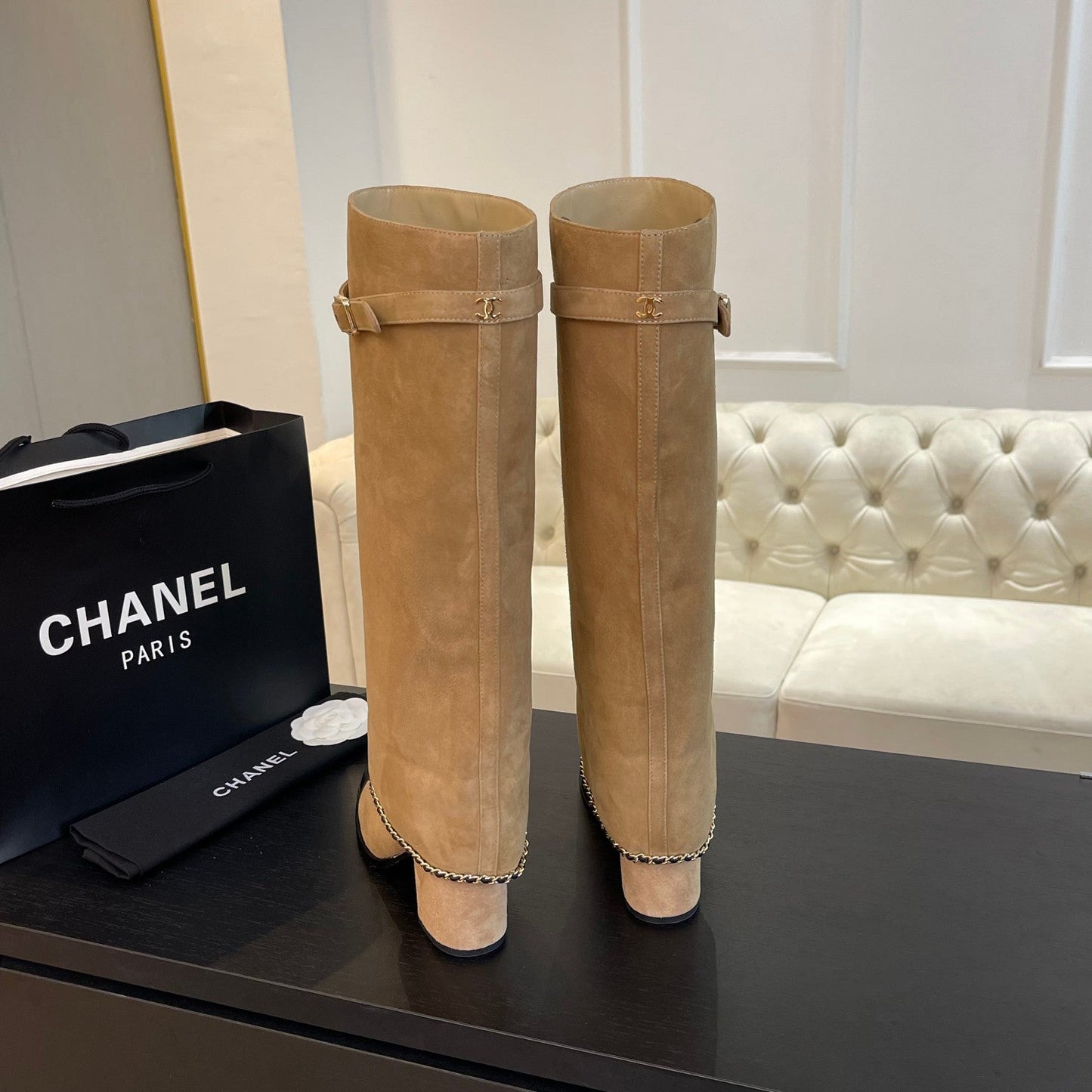 HIGH BOOTS 6.5 CM IN CIDER BROWN SUEDE AND BLACK CALFSKIN - 35