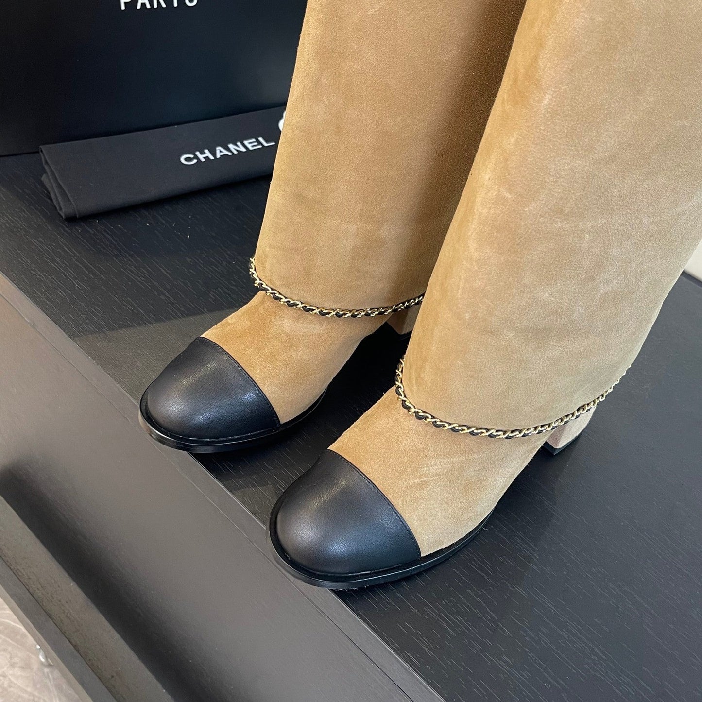 HIGH BOOTS 6.5 CM IN CIDER BROWN SUEDE AND BLACK CALFSKIN - 35