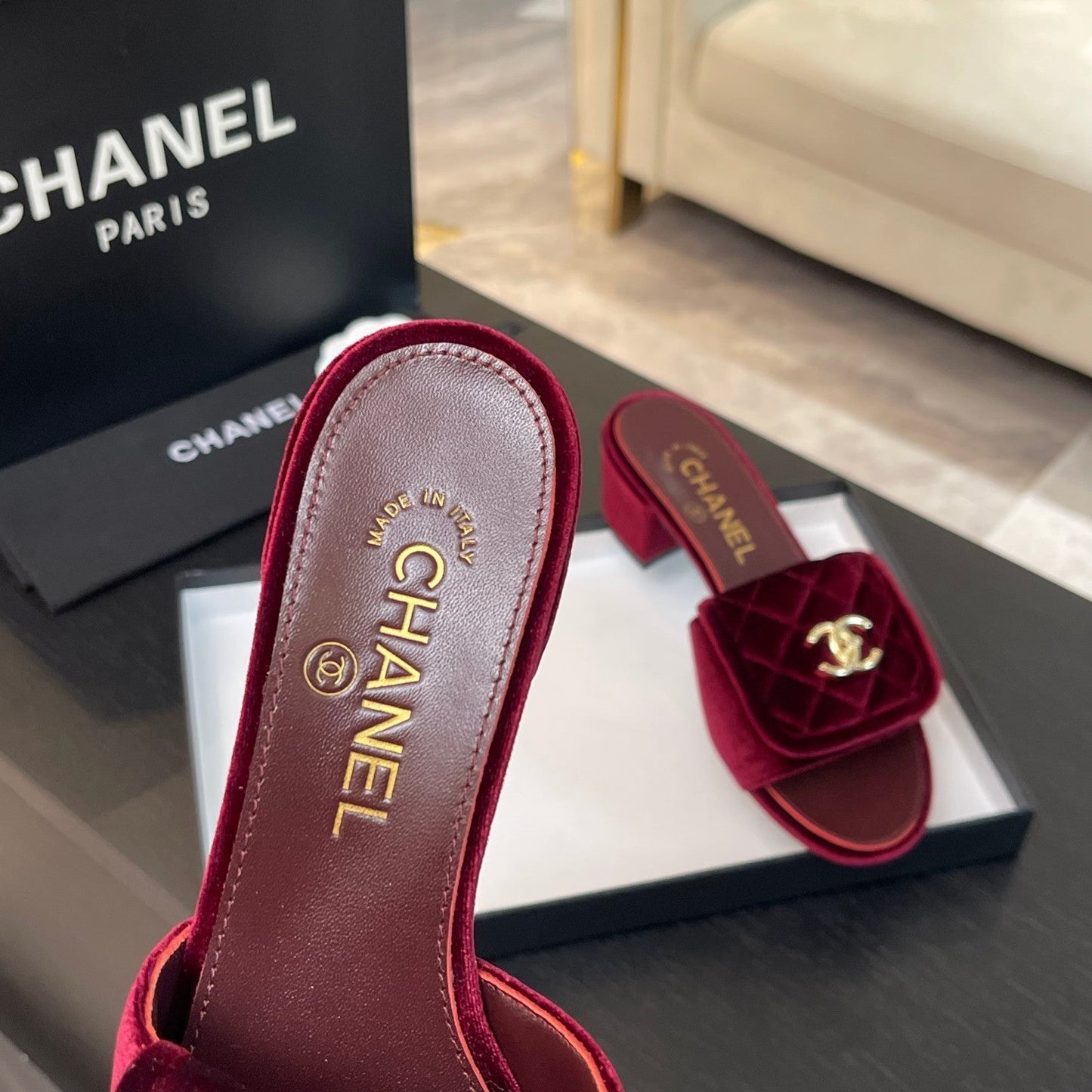 MID-HEEL 5 CM MULE IN BURGUNDY RED VELVET - 35