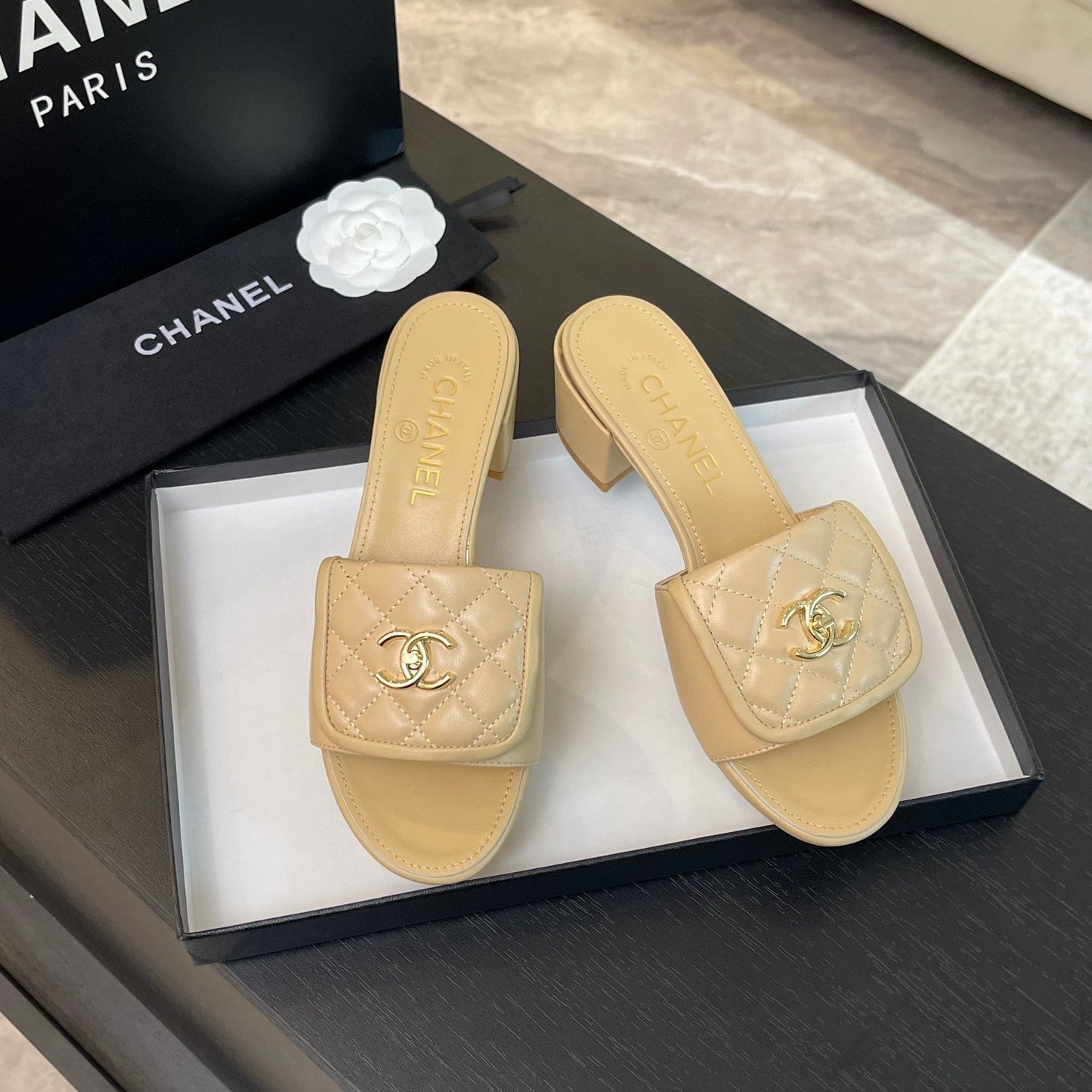 MID-HEEL 5 CM MULE IN TUSCAN BEIGE LAMBSKIN - 35