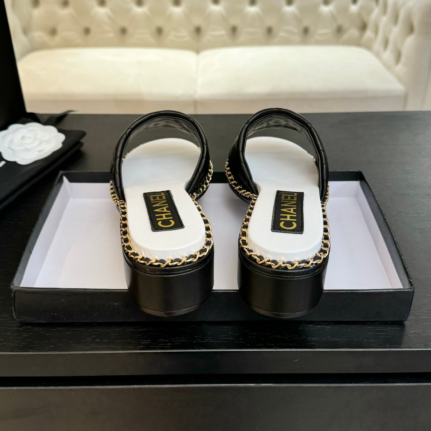 HIGH FLATFORM SLIPPER IN BLACK EMBOSSED SHEEPSKIN - 35