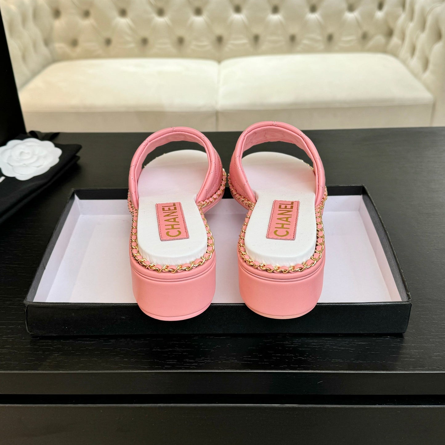 HIGH FLATFORM SLIPPER IN ROUGE PINK EMBOSSED SHEEPSKIN - 35