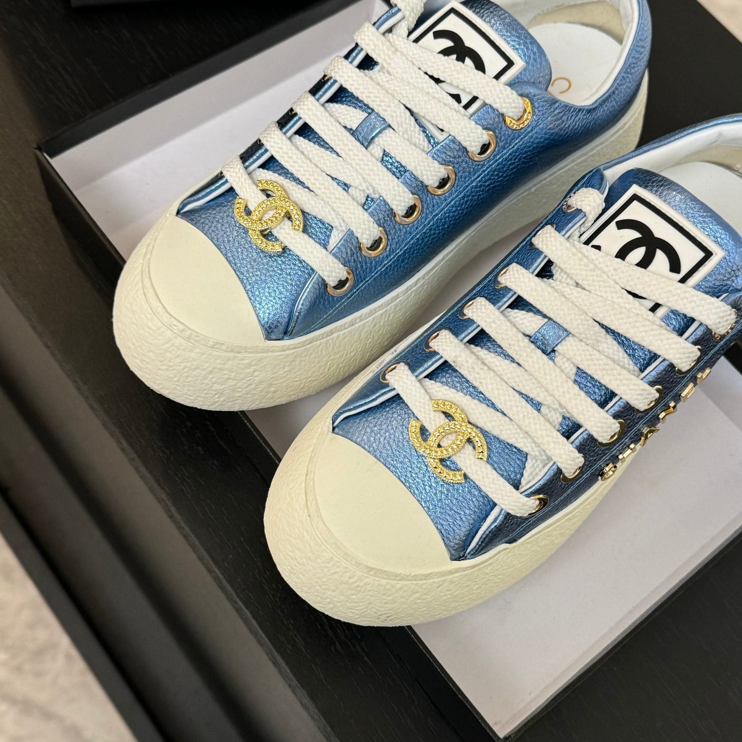 BIG-HEAD COOKIE SHOES IN TEAL BLUE MIX WHITE LAMBSKIN - 35