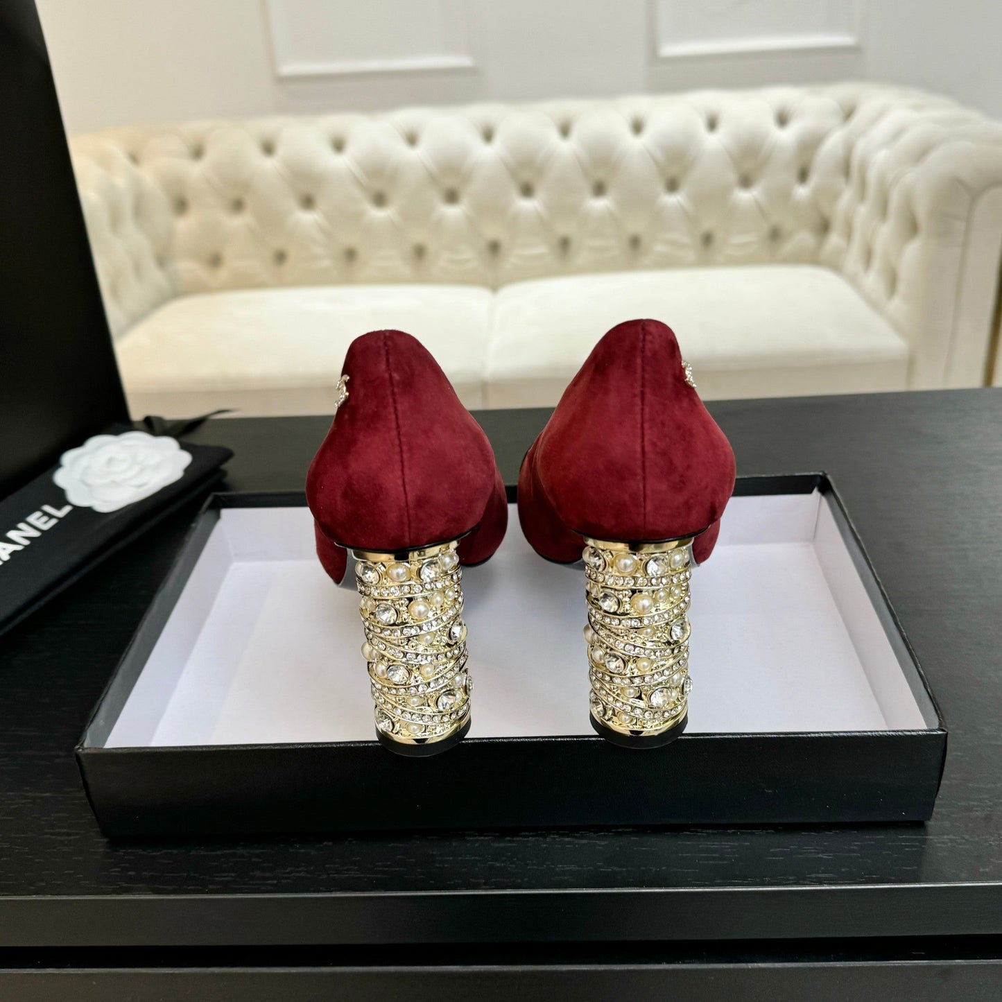 HIGH HEEL 85 MM SANDALS IN RUBY RED SUEDE AND BLACK FABRIC - 35