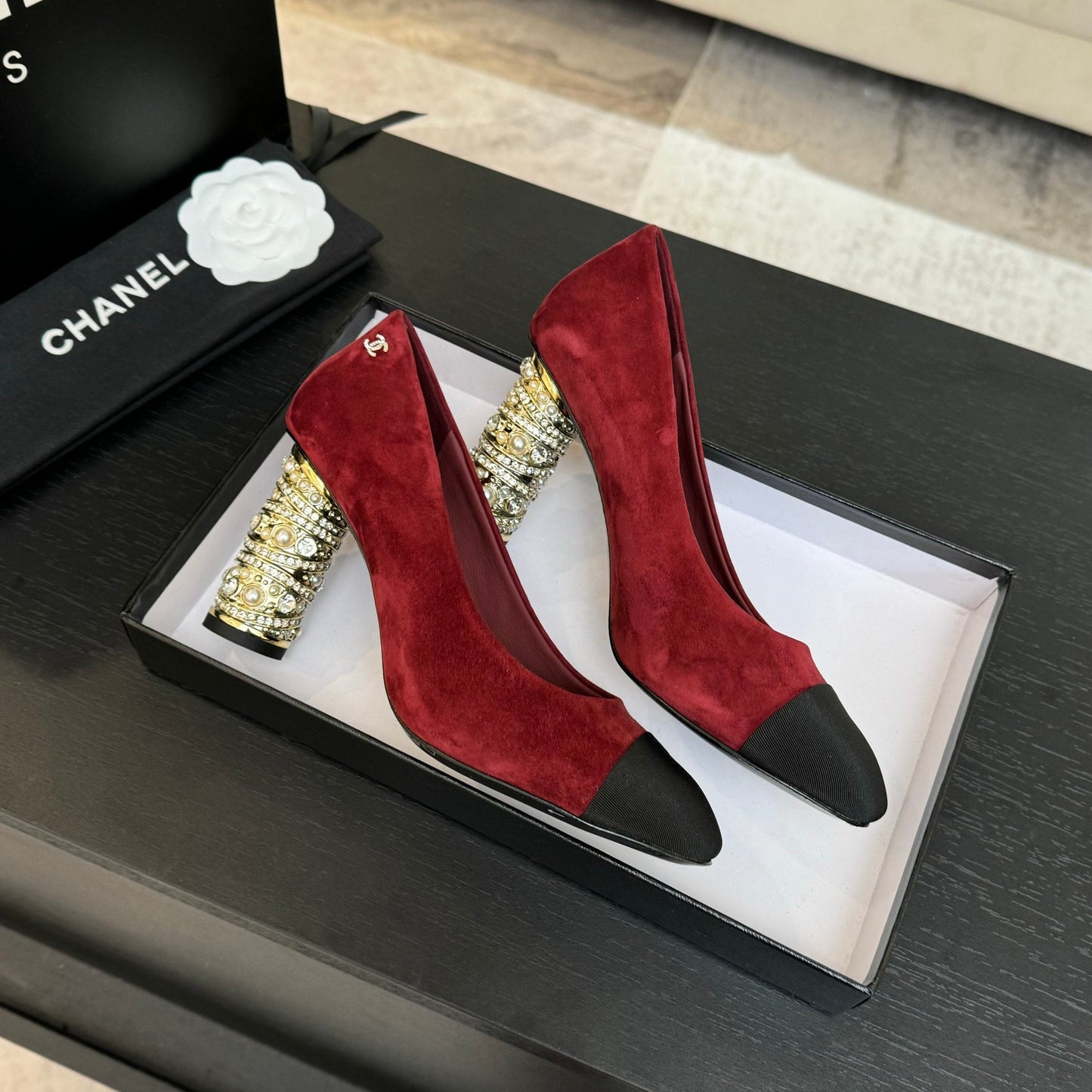 HIGH HEEL 85 MM SANDALS IN RUBY RED SUEDE AND BLACK FABRIC - 35