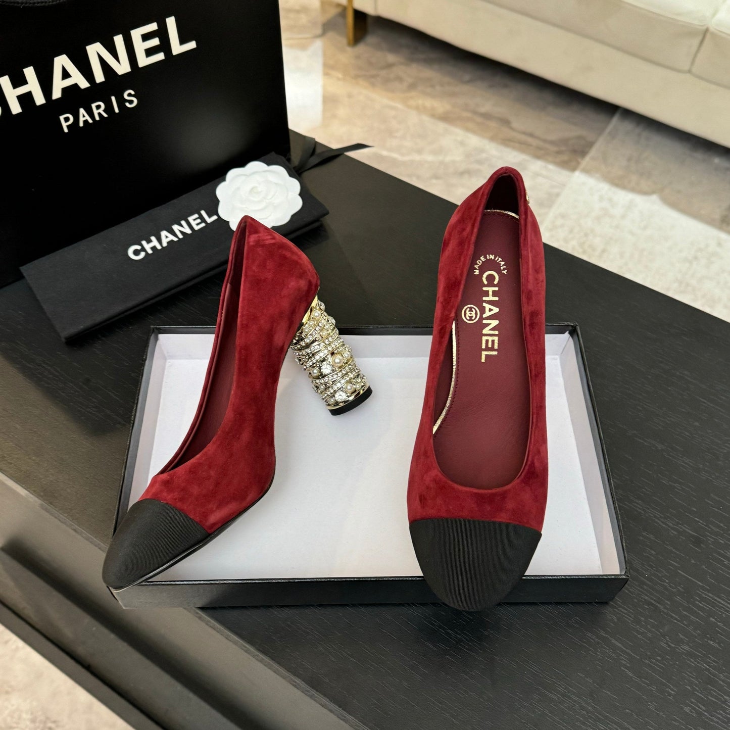 HIGH HEEL 85 MM SANDALS IN RUBY RED SUEDE AND BLACK FABRIC - 35
