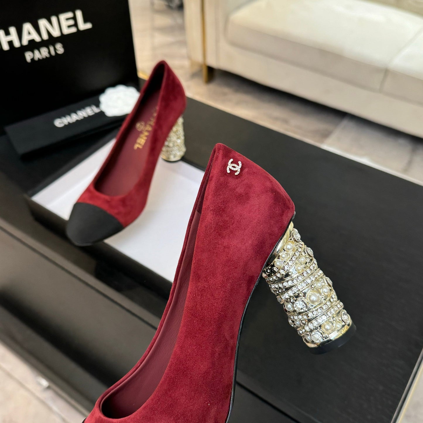 HIGH HEEL 85 MM SANDALS IN RUBY RED SUEDE AND BLACK FABRIC - 35