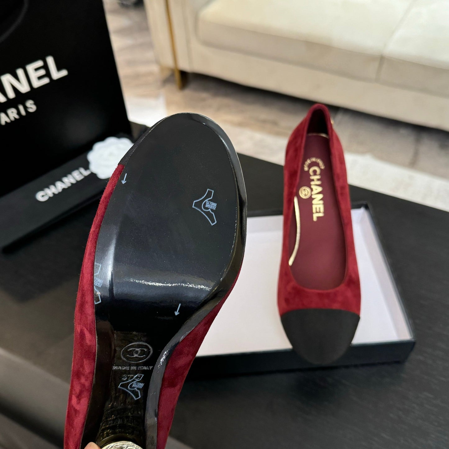 HIGH HEEL 85 MM SANDALS IN RUBY RED SUEDE AND BLACK FABRIC - 35