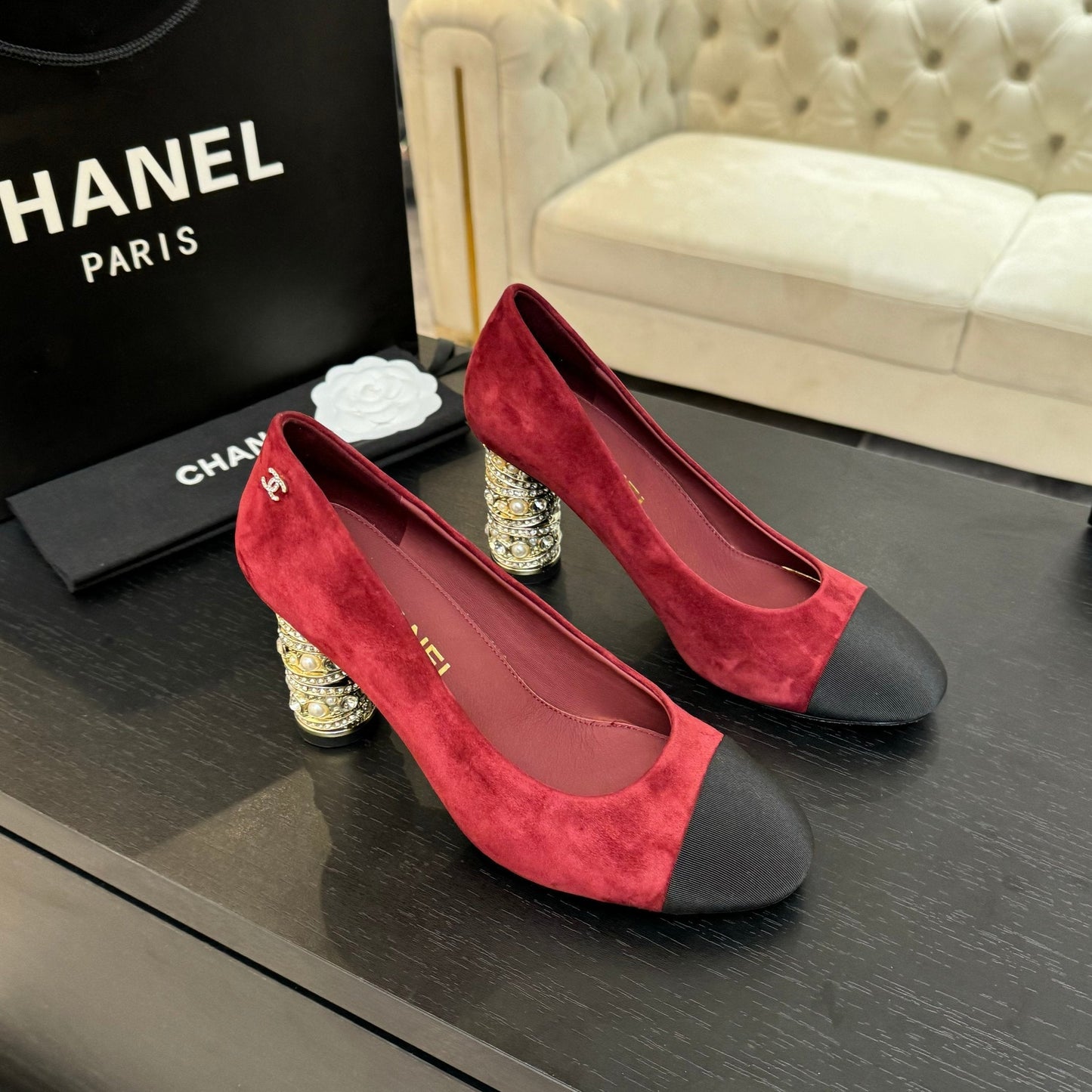 HIGH HEEL 85 MM SANDALS IN RUBY RED SUEDE AND BLACK FABRIC - 35