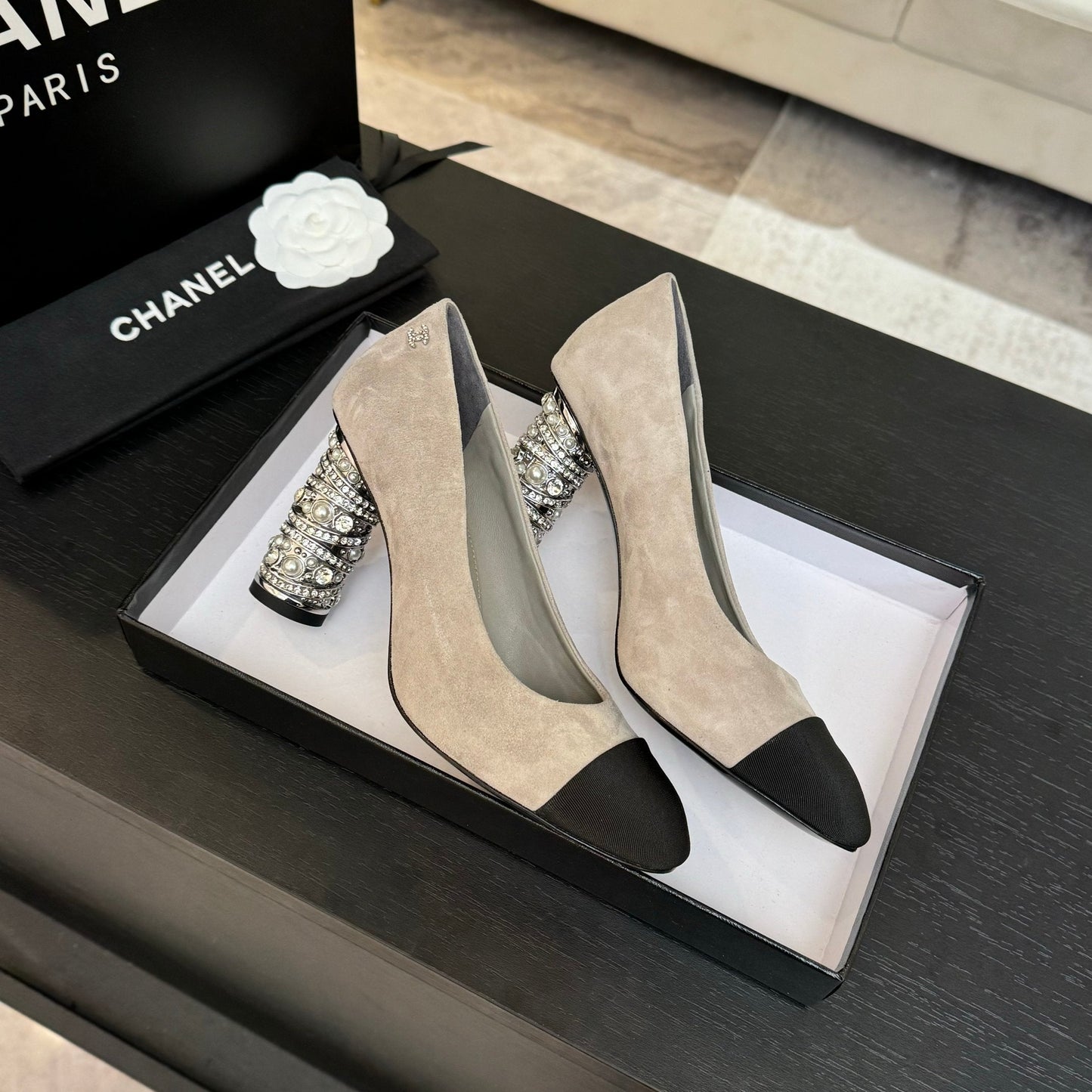HIGH HEEL 85 MM SANDALS IN PALE GRAY SUEDE AND BLACK FABRIC - 35