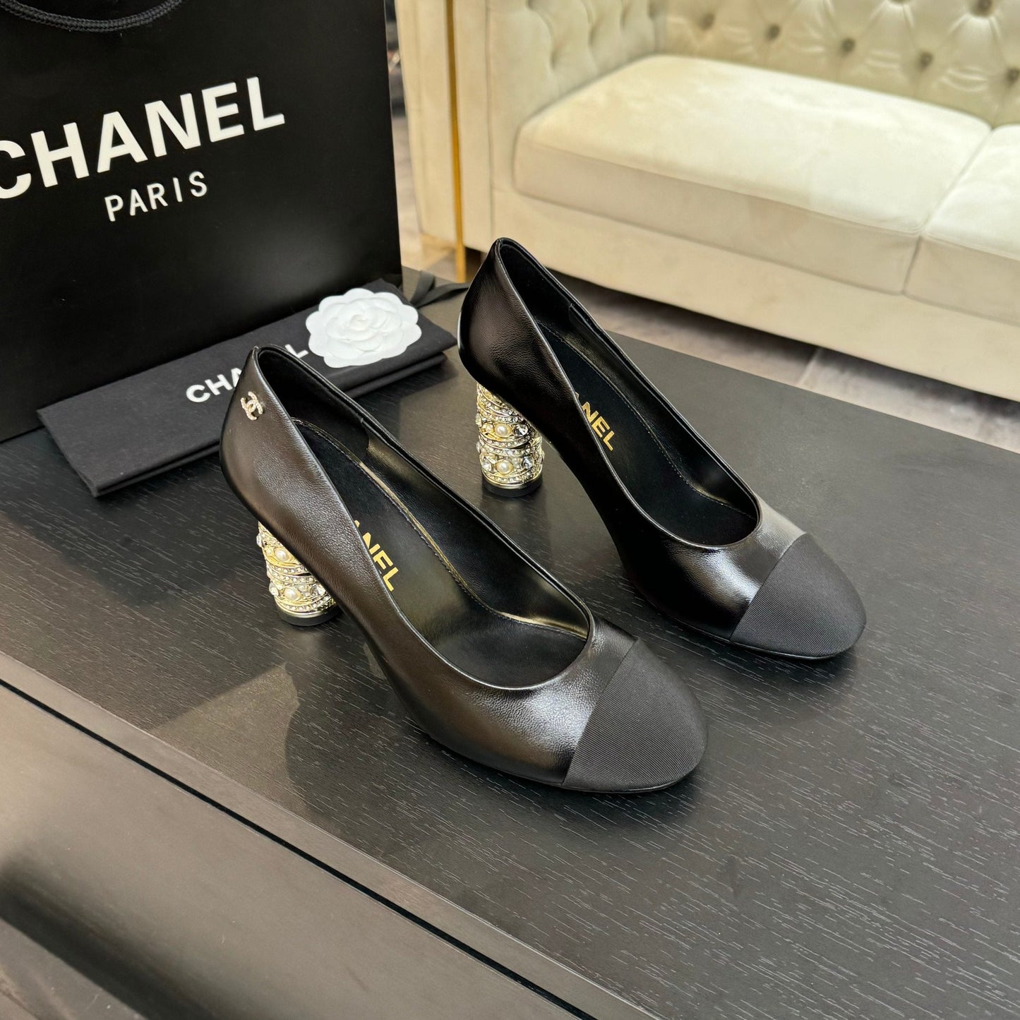 HIGH HEEL 85 MM SANDALS IN BLACK CALFSKIN AND FABRIC - 35