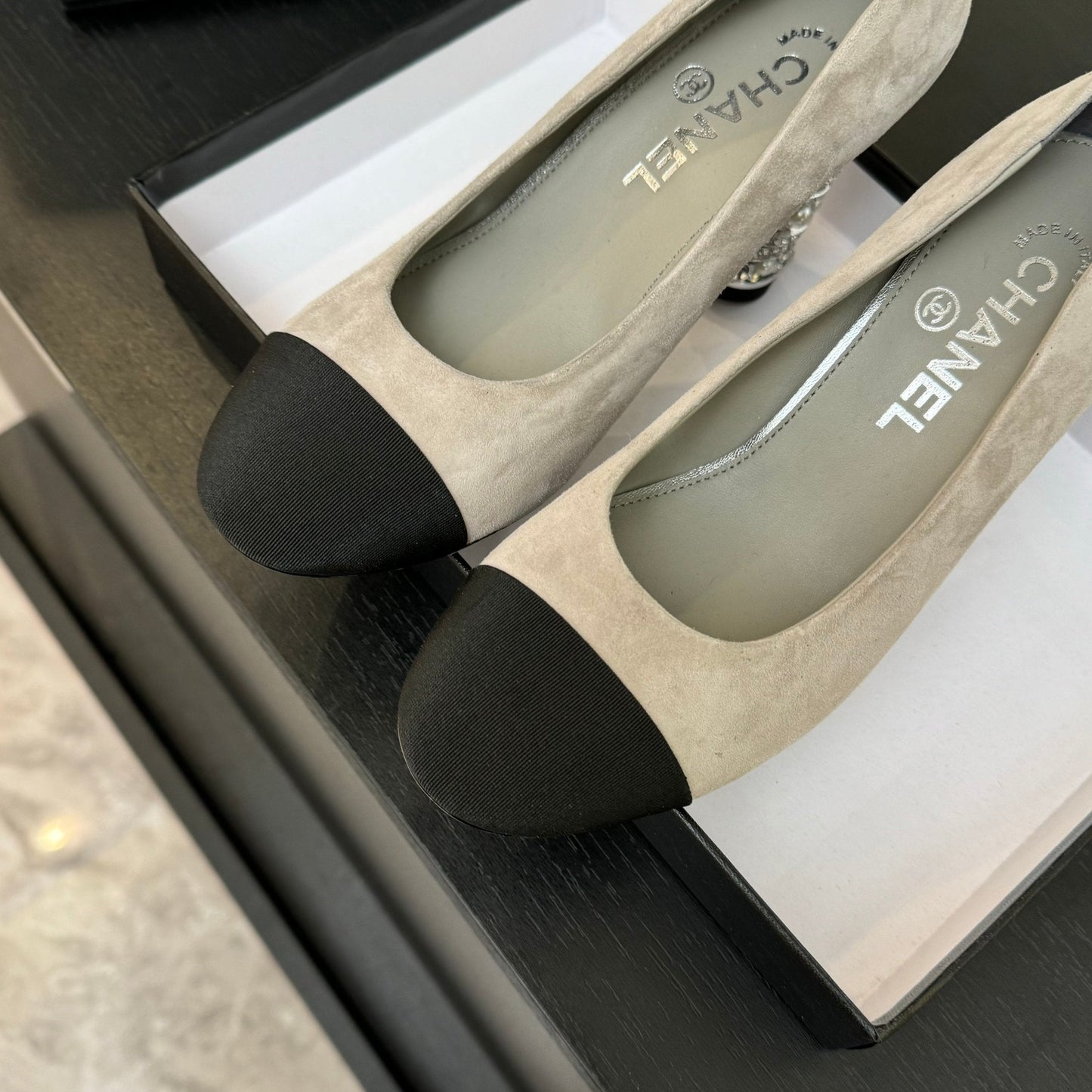 HIGH HEEL 85 MM SANDALS IN PALE GRAY SUEDE AND BLACK FABRIC - 35