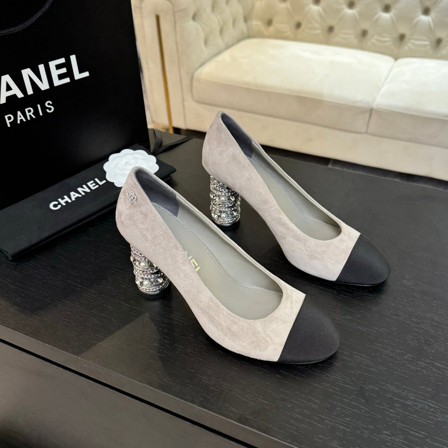 HIGH HEEL 85 MM SANDALS IN PALE GRAY SUEDE AND BLACK FABRIC - 35