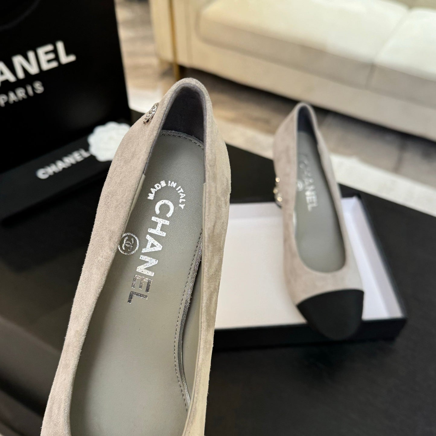 HIGH HEEL 85 MM SANDALS IN PALE GRAY SUEDE AND BLACK FABRIC - 35