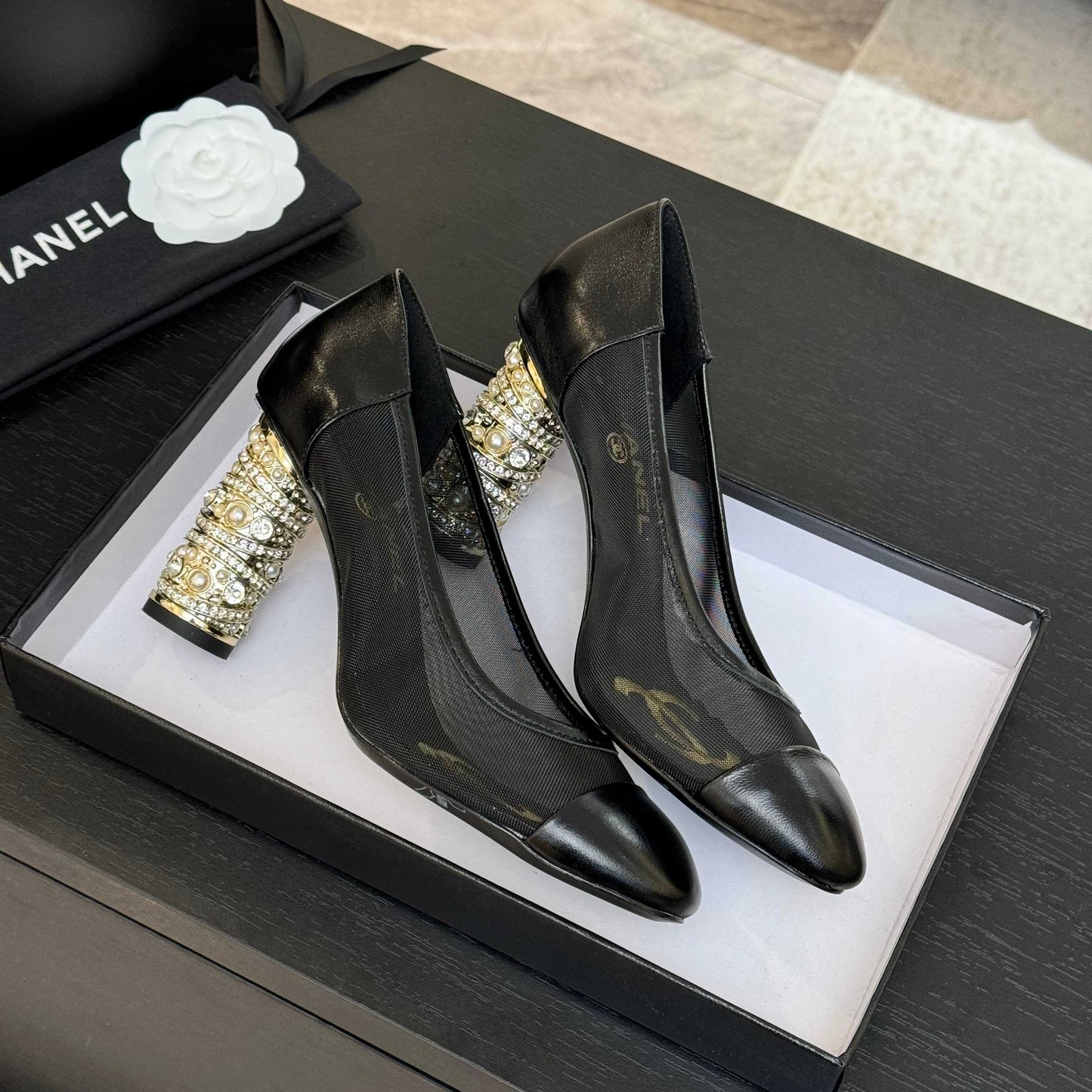 HIGH HEEL 85 MM SANDALS IN BLACK CALFSKIN AND MESH - 35