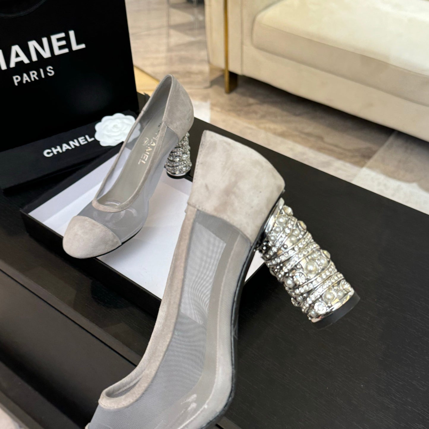 HIGH HEEL 85 MM SANDALS IN PALE GRAY SUEDE AND MESH - 35