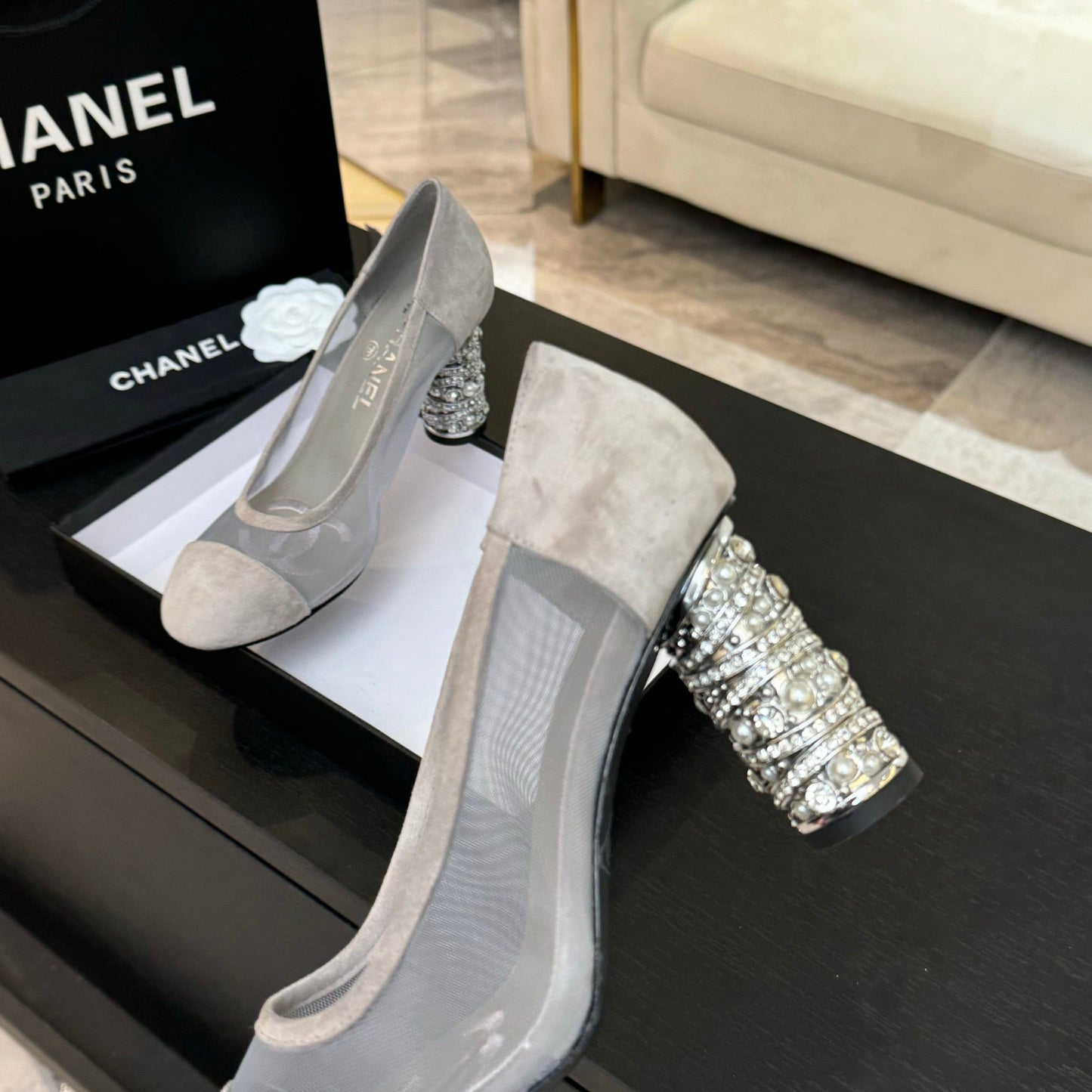 HIGH HEEL 85 MM SANDALS IN PALE GRAY SUEDE AND MESH - 35