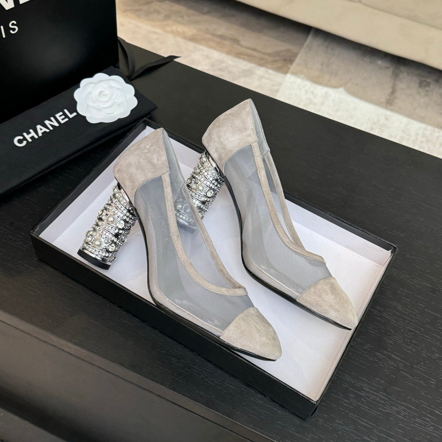 HIGH HEEL 85 MM SANDALS IN PALE GRAY SUEDE AND MESH - 35