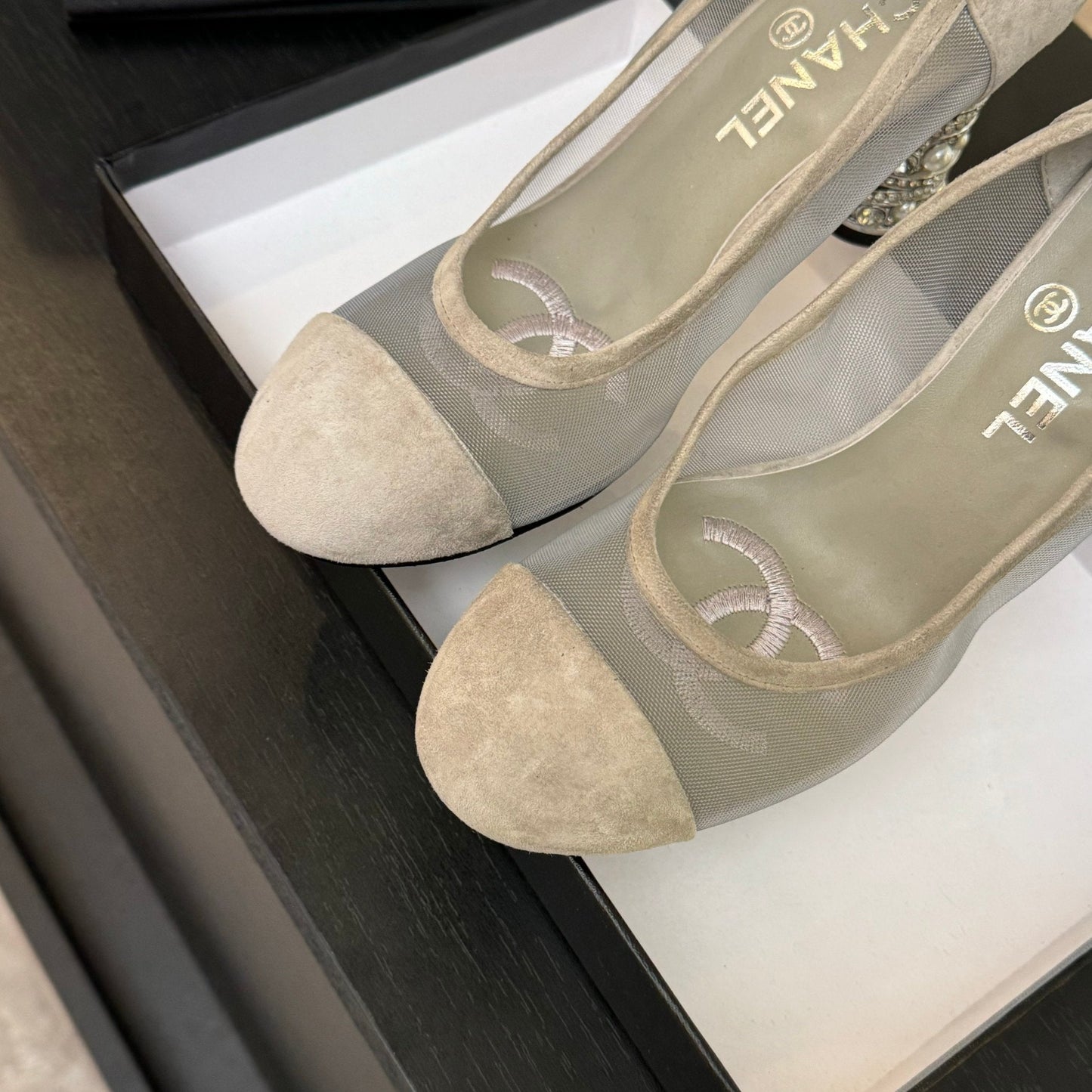 HIGH HEEL 85 MM SANDALS IN PALE GRAY SUEDE AND MESH - 35