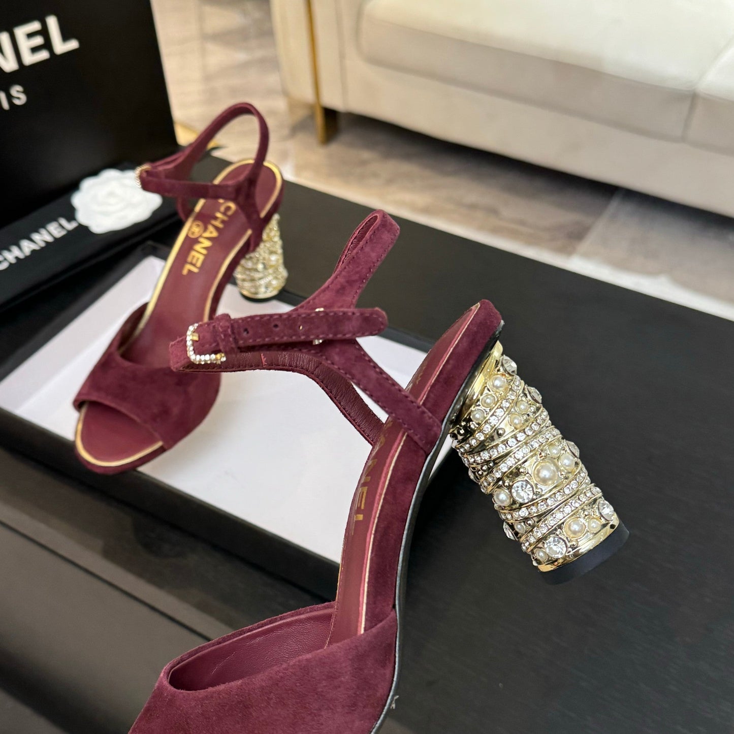 T-STRAP PEARL HEEL 85 MM SANDALS IN SANGRIA RED SUEDE - 35