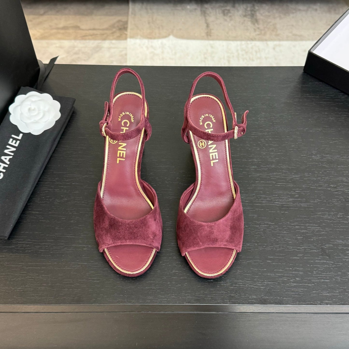 T-STRAP PEARL HEEL 85 MM SANDALS IN SANGRIA RED SUEDE - 35