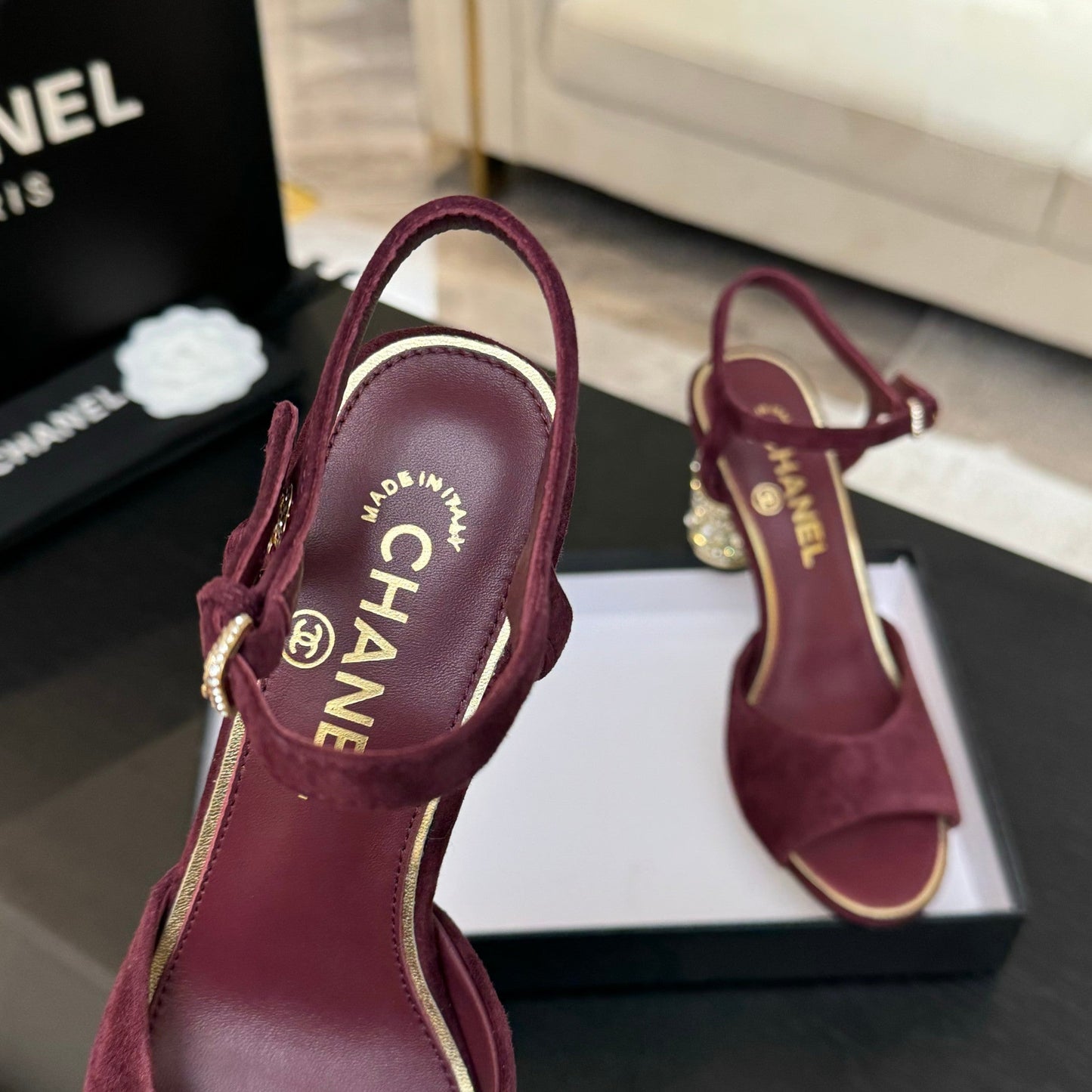 T-STRAP PEARL HEEL 85 MM SANDALS IN SANGRIA RED SUEDE - 35