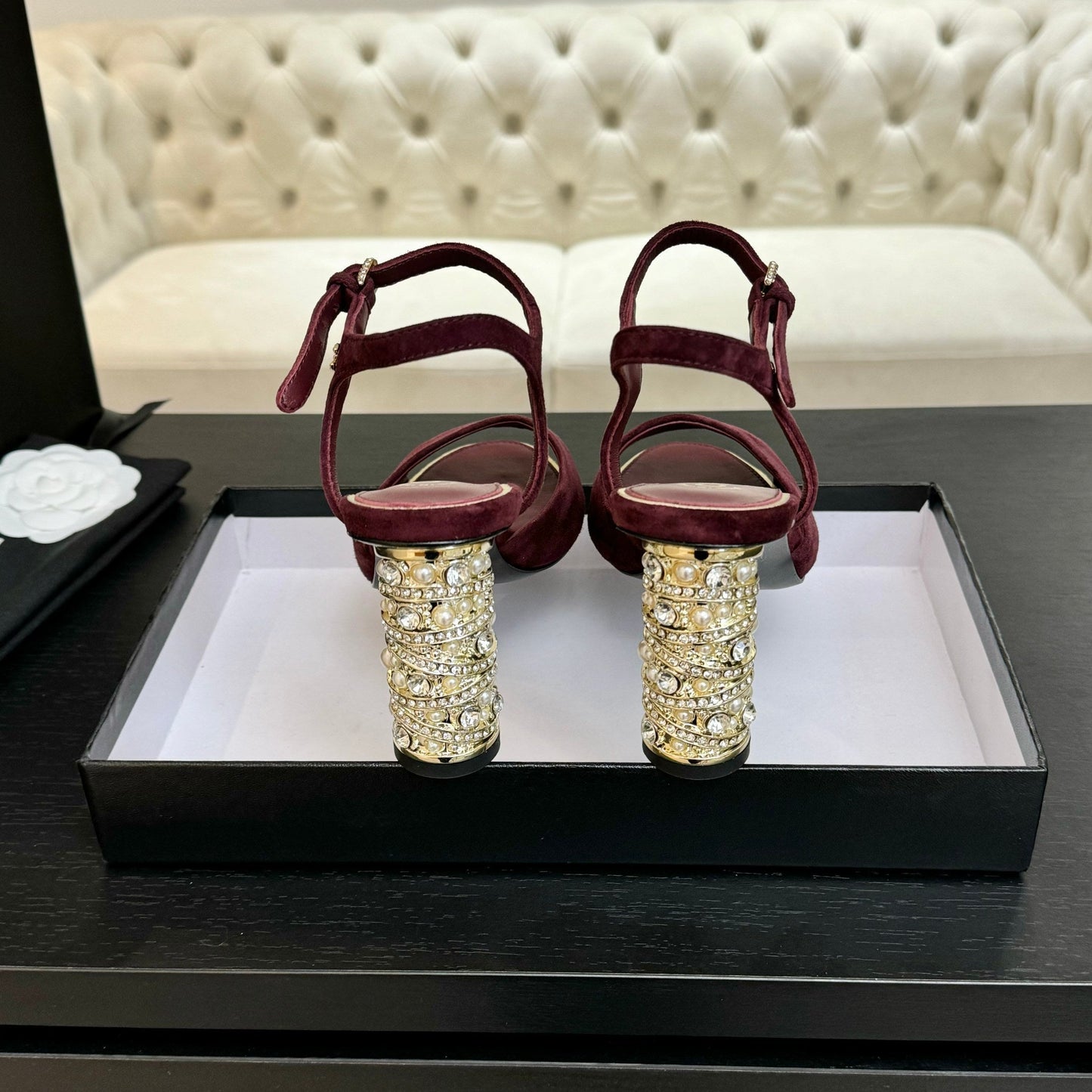 T-STRAP PEARL HEEL 85 MM SANDALS IN SANGRIA RED SUEDE - 35