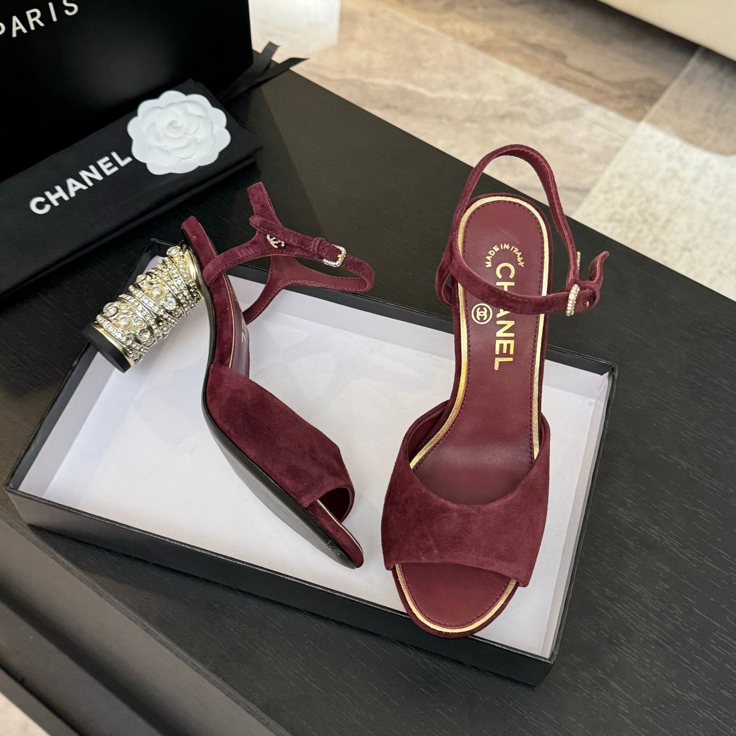 T-STRAP PEARL HEEL 85 MM SANDALS IN SANGRIA RED SUEDE - 35