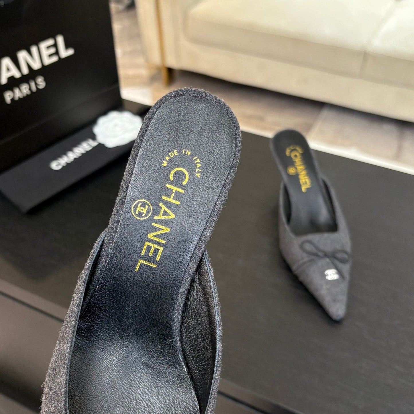 HIGH HEEL MULE 65 MM IN MOUSE GRAY FELT COTH - 35
