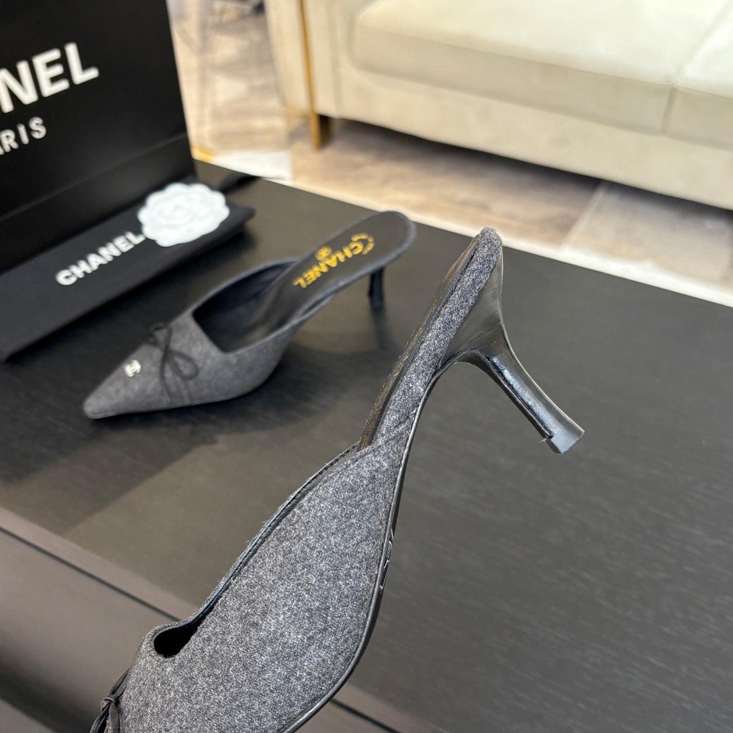 HIGH HEEL MULE 65 MM IN MOUSE GRAY FELT COTH - 35