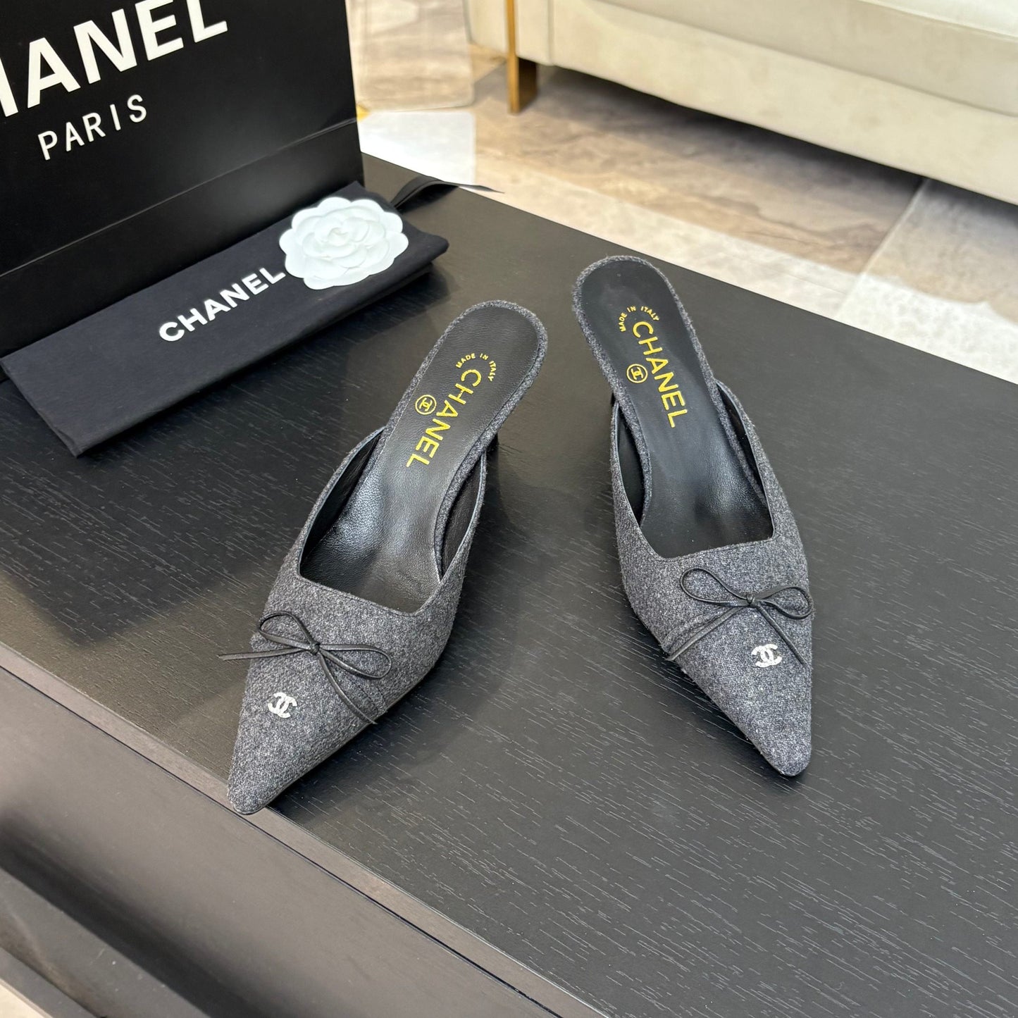 HIGH HEEL MULE 65 MM IN MOUSE GRAY FELT COTH - 35