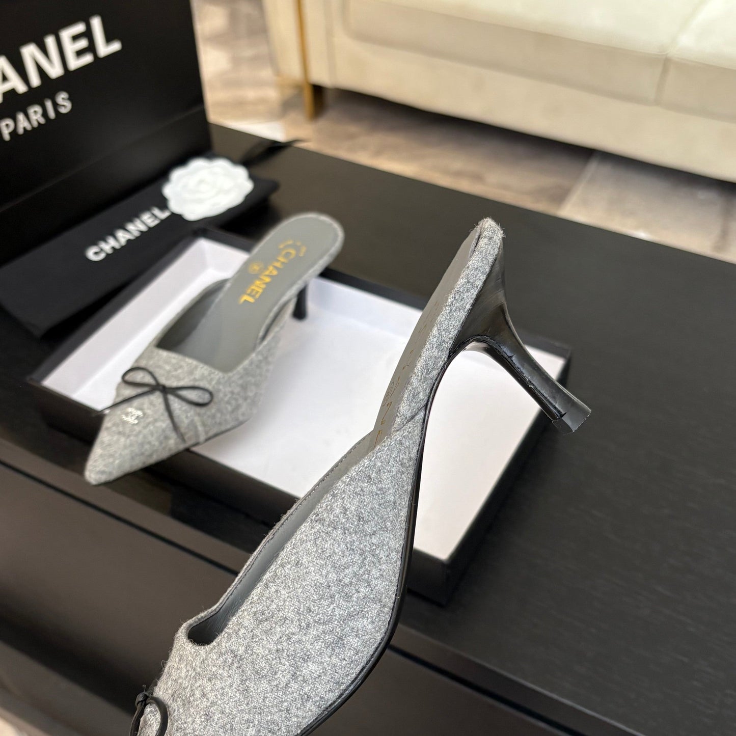 HIGH HEEL MULE 65 MM IN DOVE GRAY FELT COTH - 35