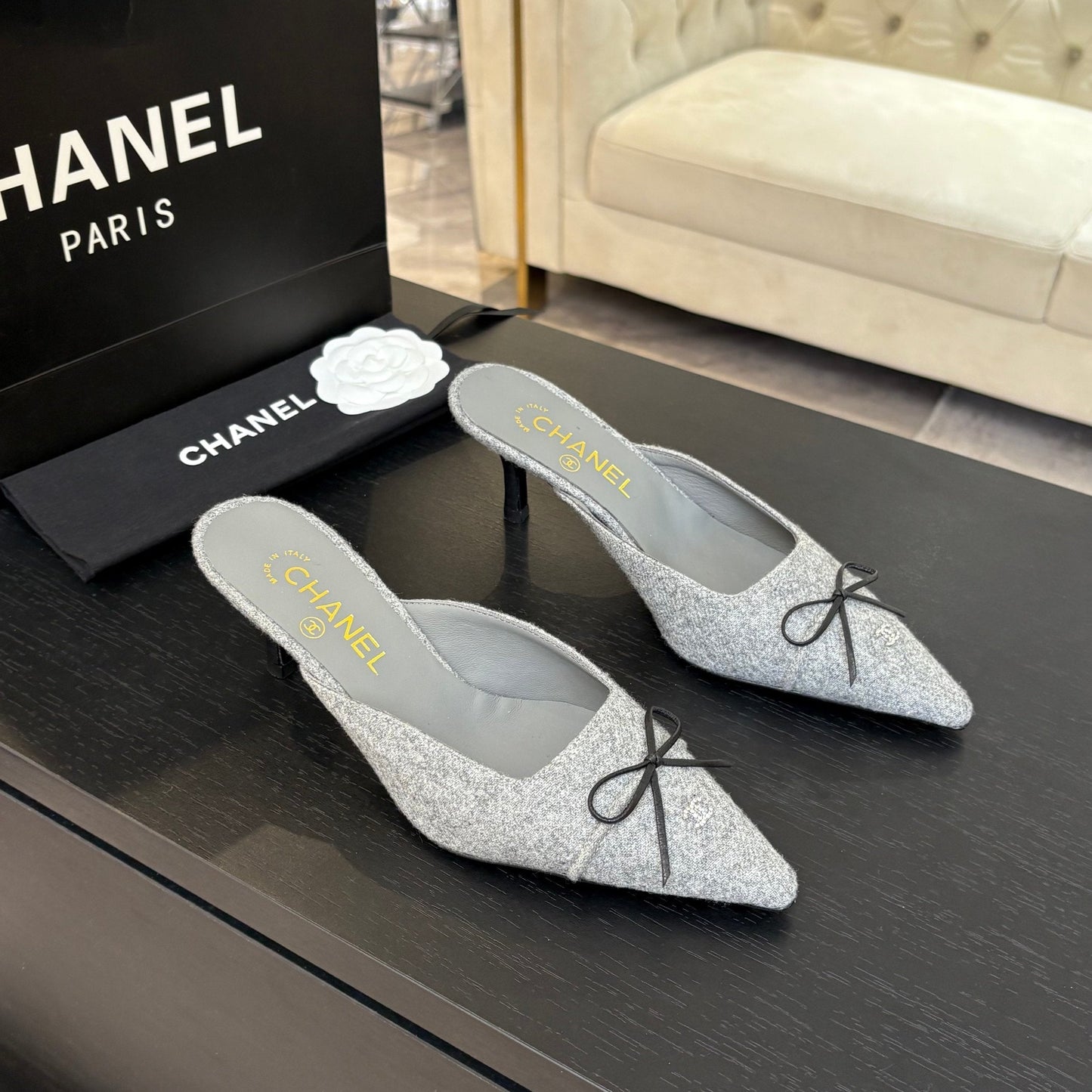 HIGH HEEL MULE 65 MM IN DOVE GRAY FELT COTH - 35