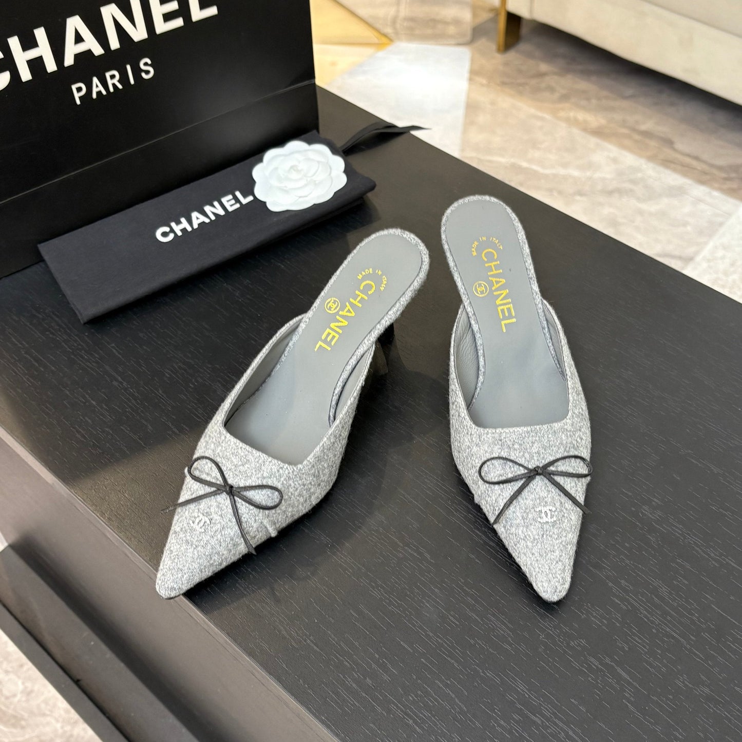 HIGH HEEL MULE 65 MM IN DOVE GRAY FELT COTH - 35