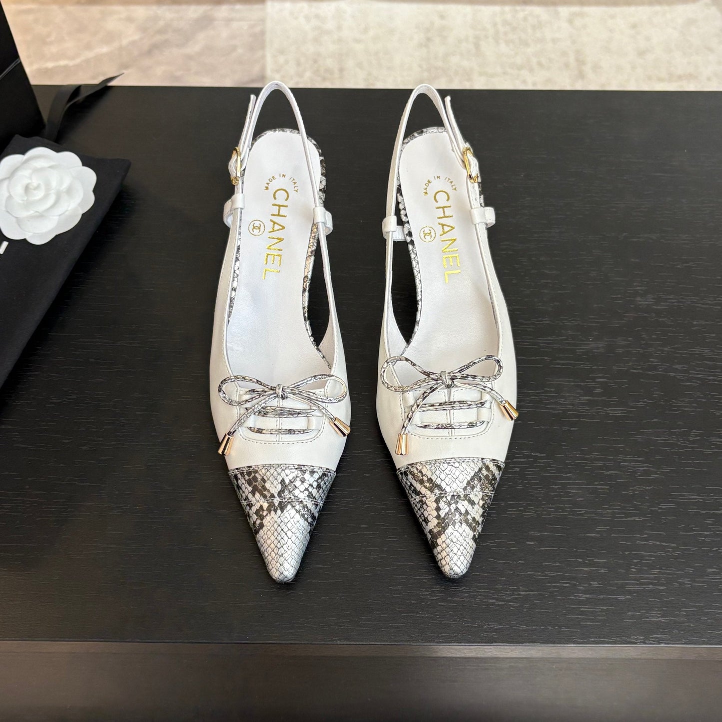 HIGH HEEL SLINGBACKS 65 MM IN WHITE WITH SNAKESKIN PATTERN LAMBSKIN - 35