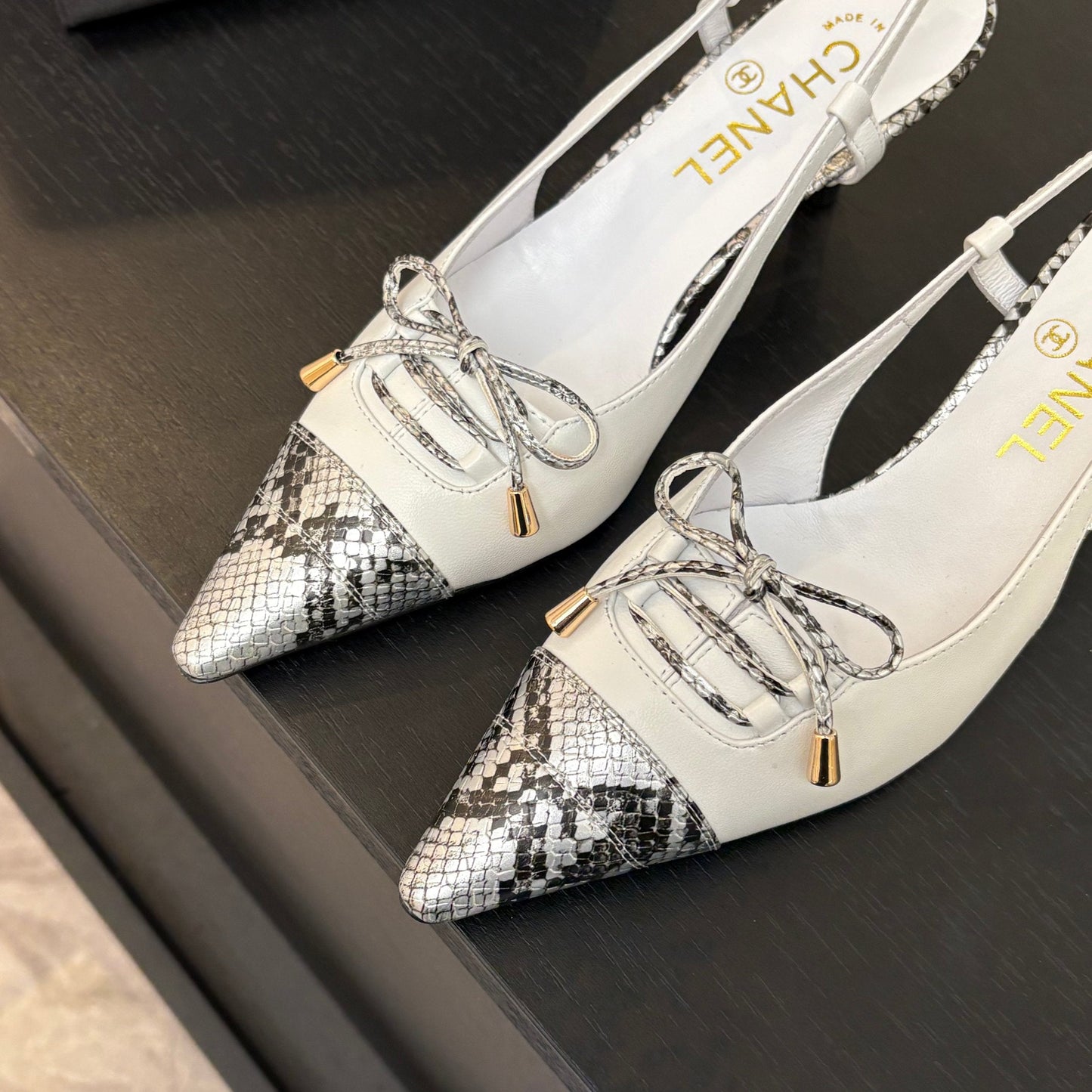 HIGH HEEL SLINGBACKS 65 MM IN WHITE WITH SNAKESKIN PATTERN LAMBSKIN - 35