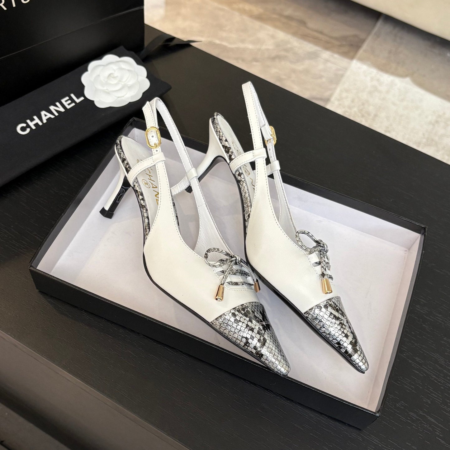HIGH HEEL SLINGBACKS 65 MM IN WHITE WITH SNAKESKIN PATTERN LAMBSKIN - 35