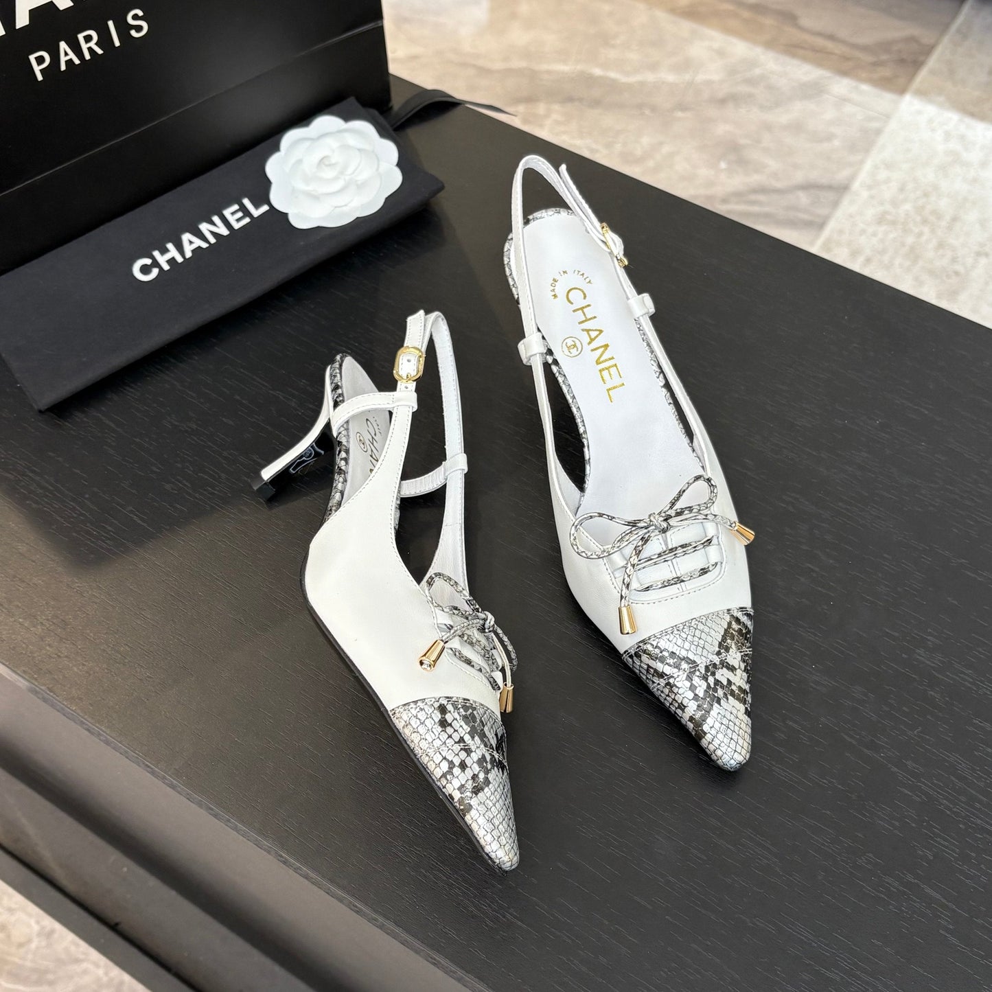 HIGH HEEL SLINGBACKS 65 MM IN WHITE WITH SNAKESKIN PATTERN LAMBSKIN - 35
