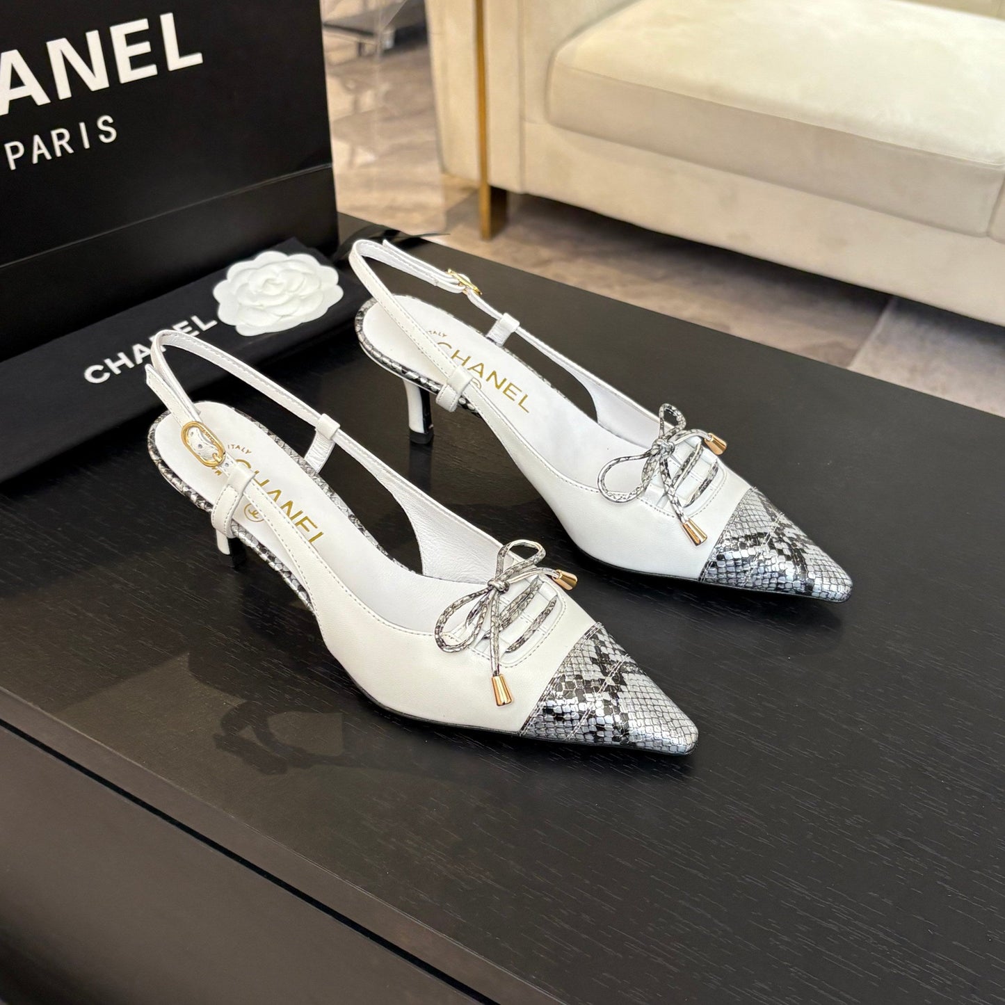 HIGH HEEL SLINGBACKS 65 MM IN WHITE WITH SNAKESKIN PATTERN LAMBSKIN - 35