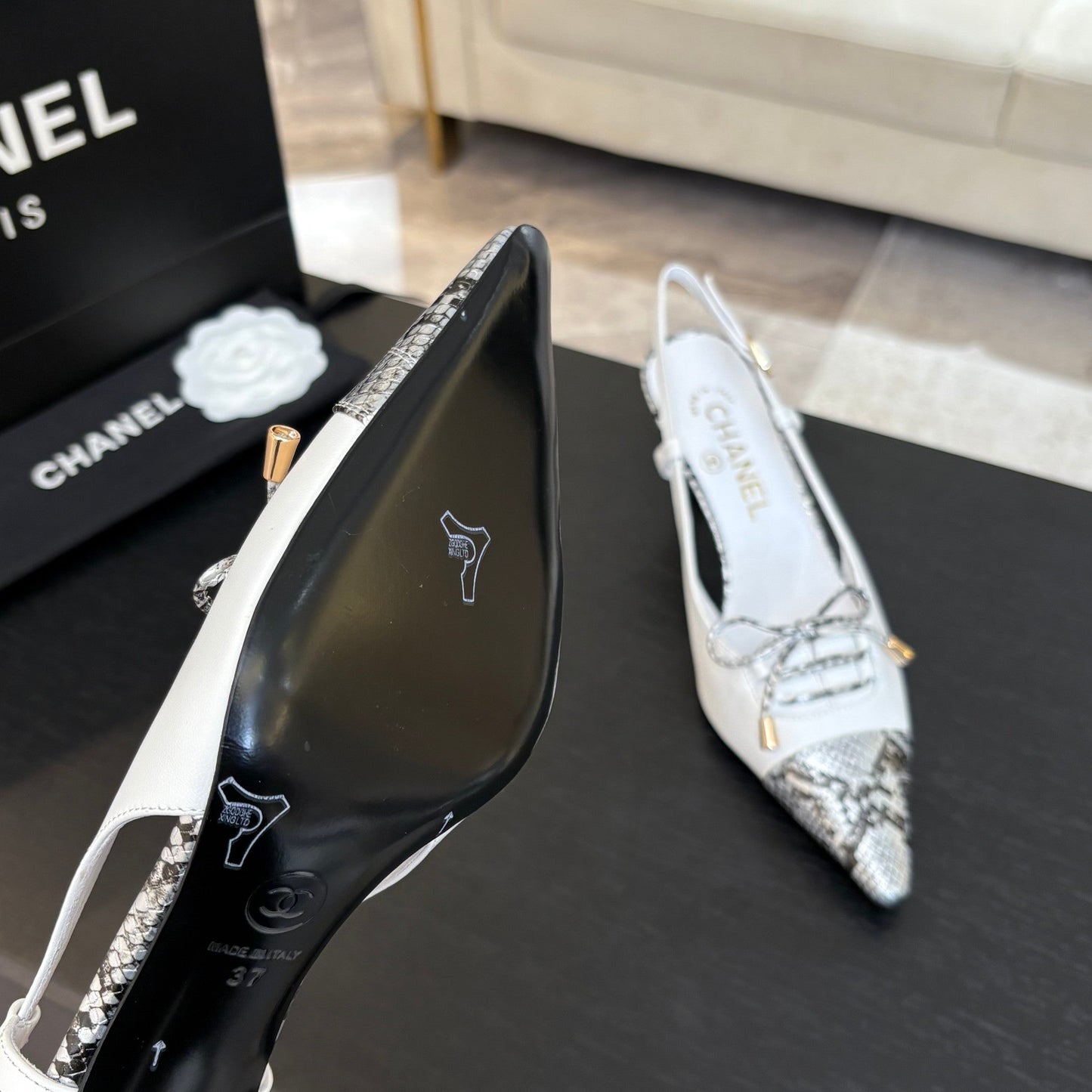 HIGH HEEL SLINGBACKS 65 MM IN WHITE WITH SNAKESKIN PATTERN LAMBSKIN - 35