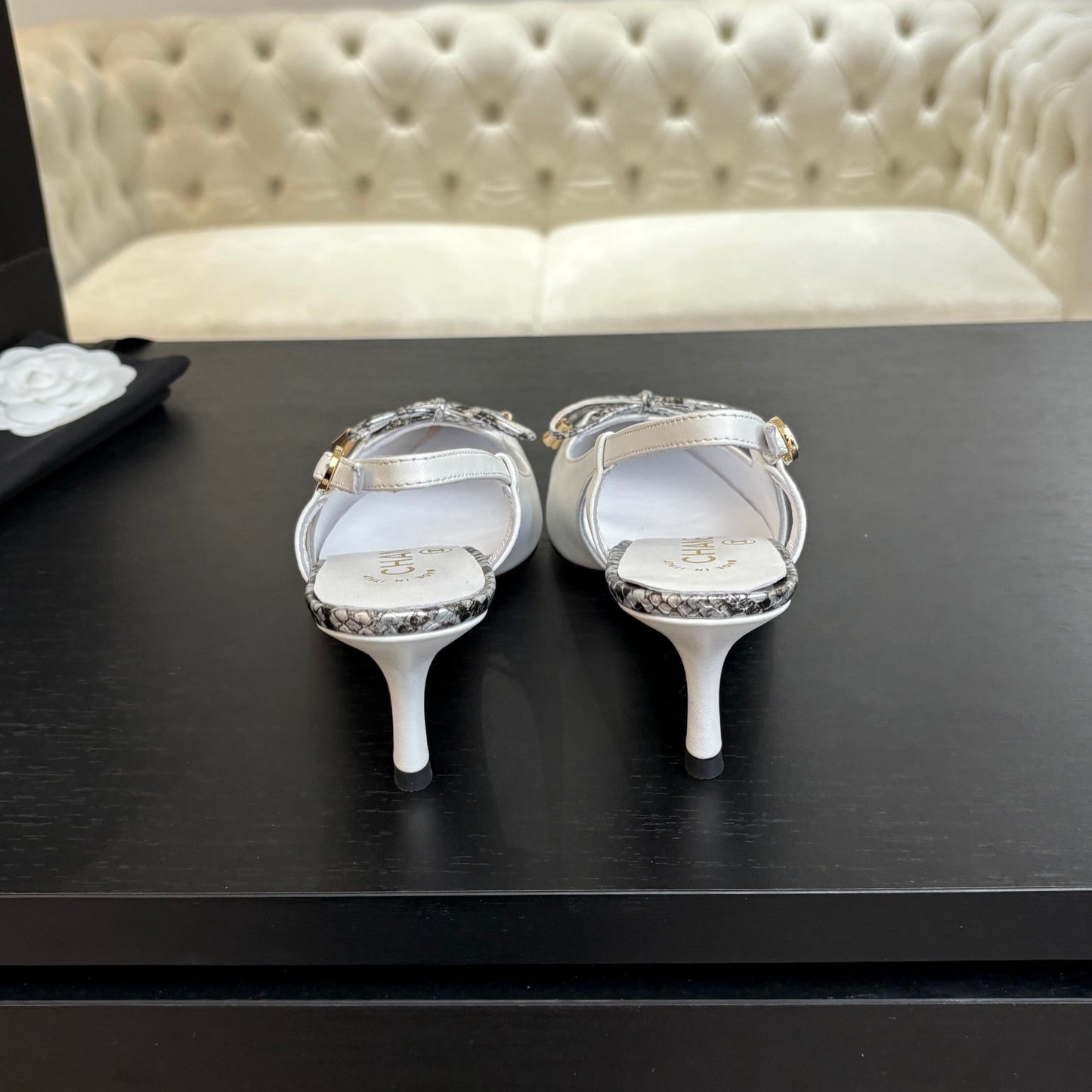 HIGH HEEL SLINGBACKS 65 MM IN WHITE WITH SNAKESKIN PATTERN LAMBSKIN - 35