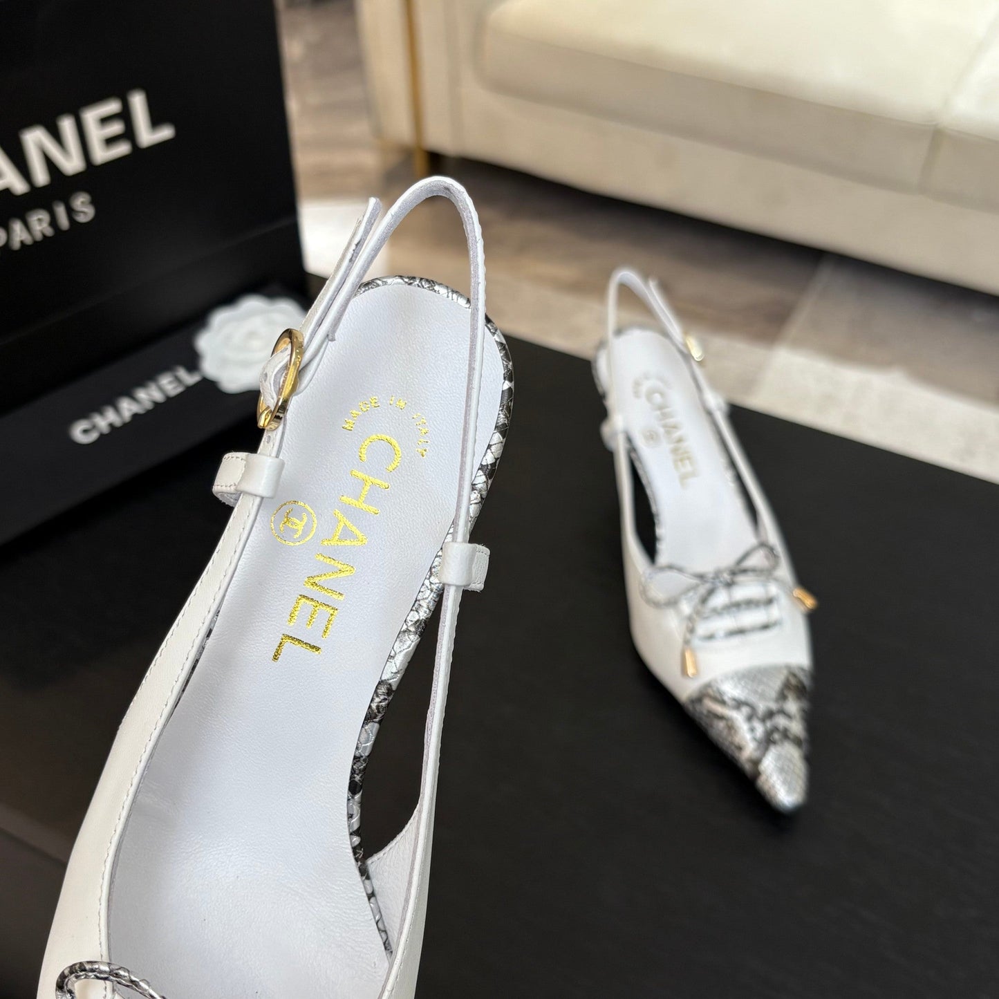 HIGH HEEL SLINGBACKS 65 MM IN WHITE WITH SNAKESKIN PATTERN LAMBSKIN - 35