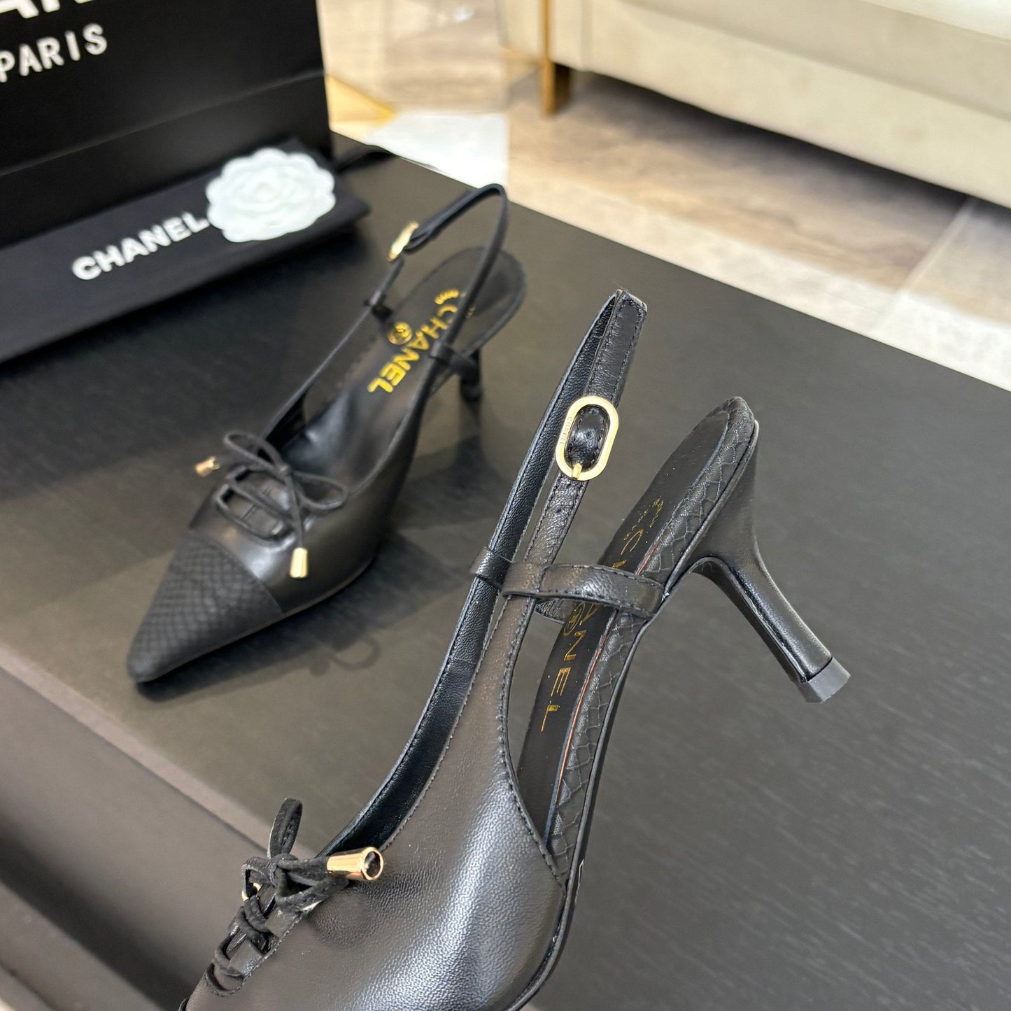 HIGH HEEL SLINGBACKS 65 MM IN BLACK WITH SNAKESKIN PATTERN LAMBSKIN - 35