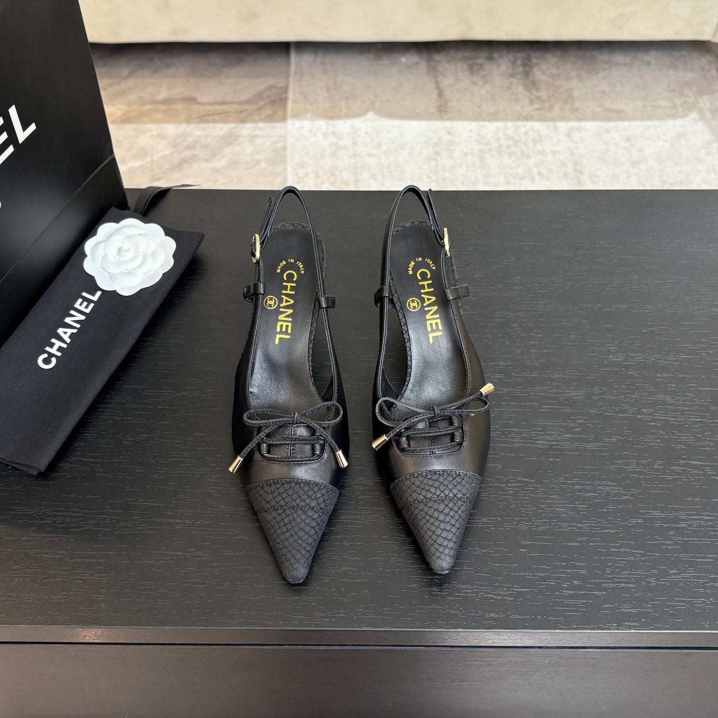 HIGH HEEL SLINGBACKS 65 MM IN BLACK WITH SNAKESKIN PATTERN LAMBSKIN - 35