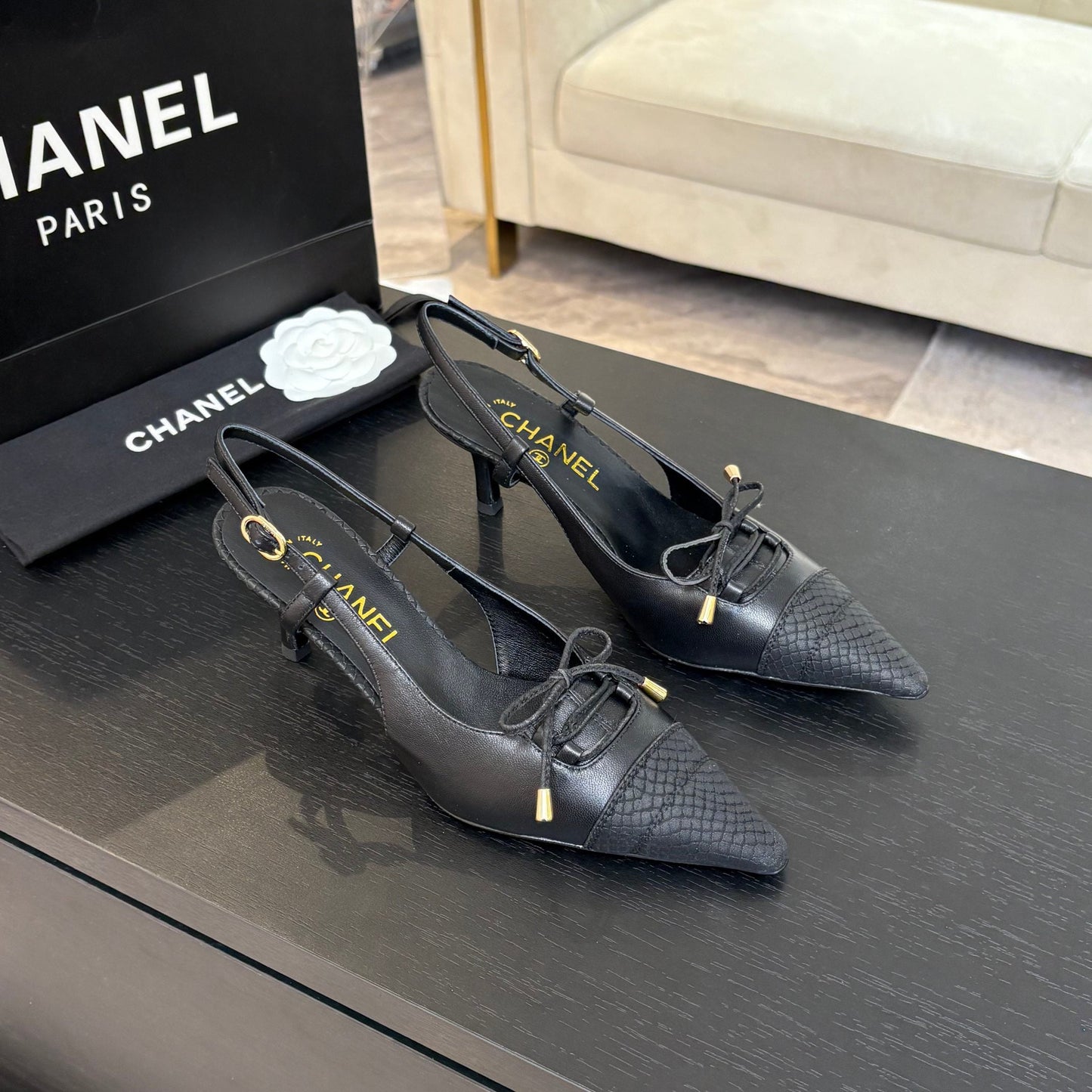HIGH HEEL SLINGBACKS 65 MM IN BLACK WITH SNAKESKIN PATTERN LAMBSKIN - 35