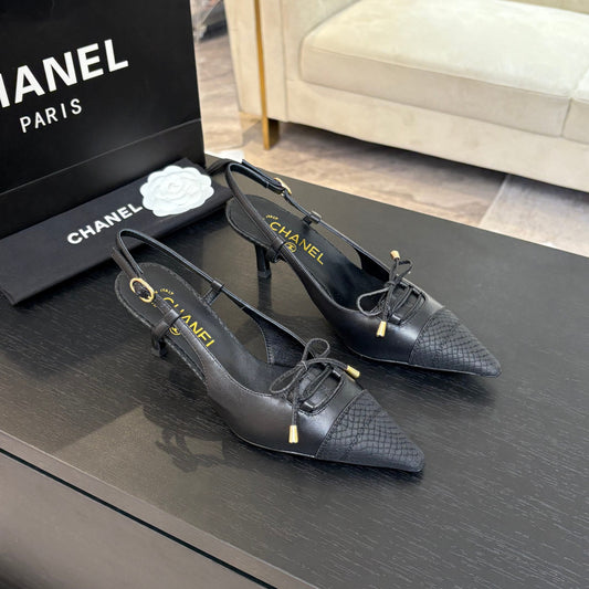 HIGH HEEL SLINGBACKS 65 MM IN BLACK WITH SNAKESKIN PATTERN LAMBSKIN - 35